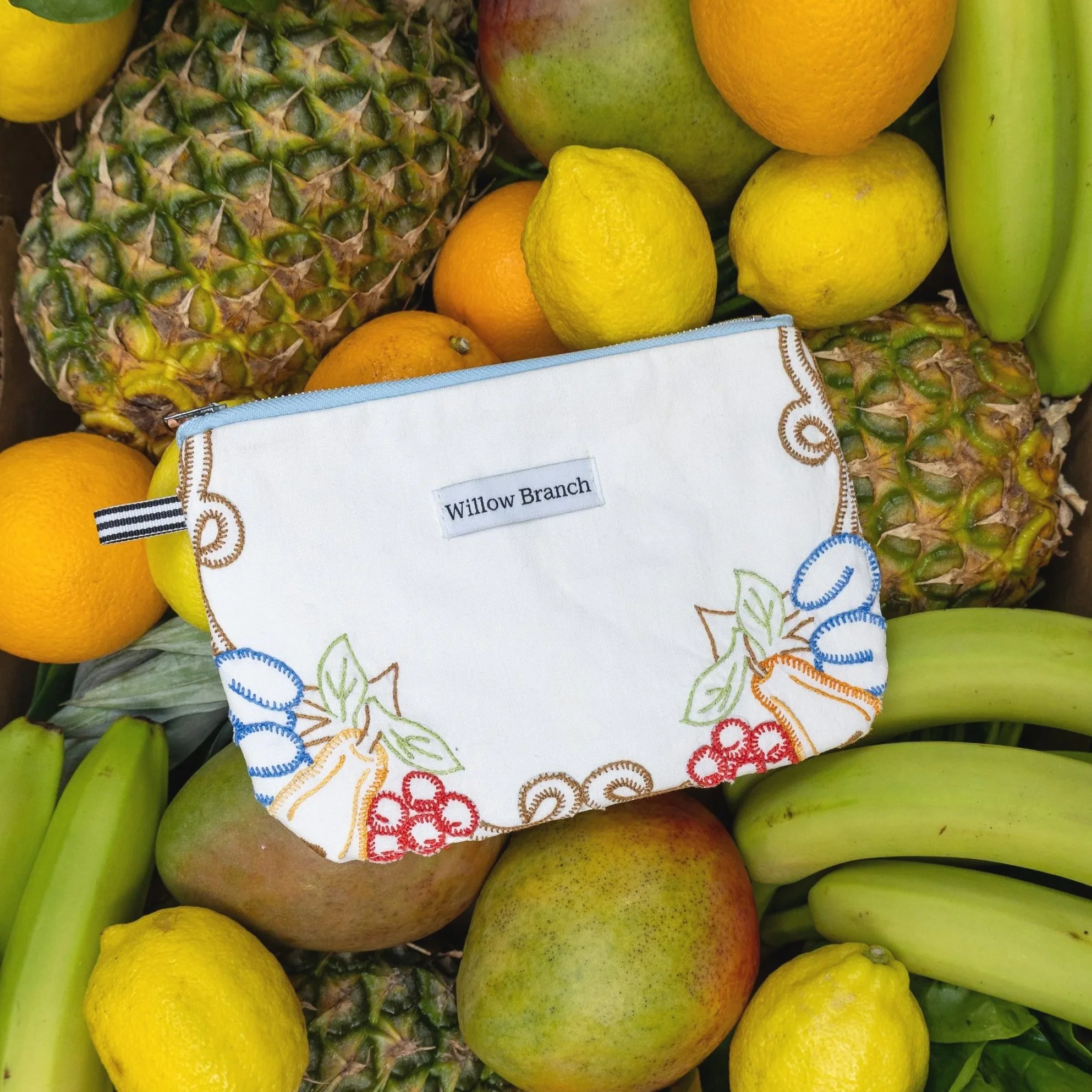 Fruit Embroidered Blue Flat Pouch