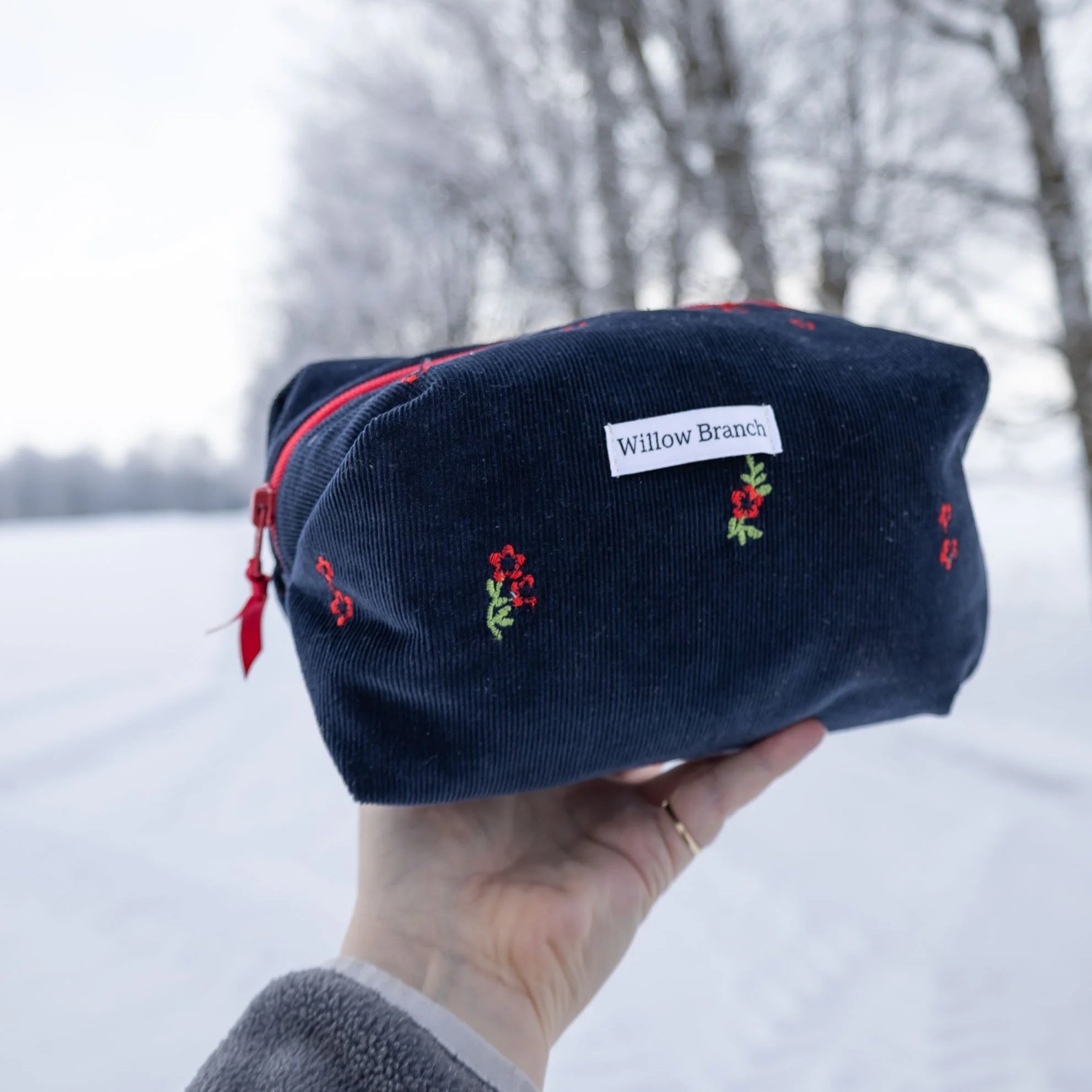 Navy Corduroy with Red Embroidered Flowers Boxy Makeup Bag