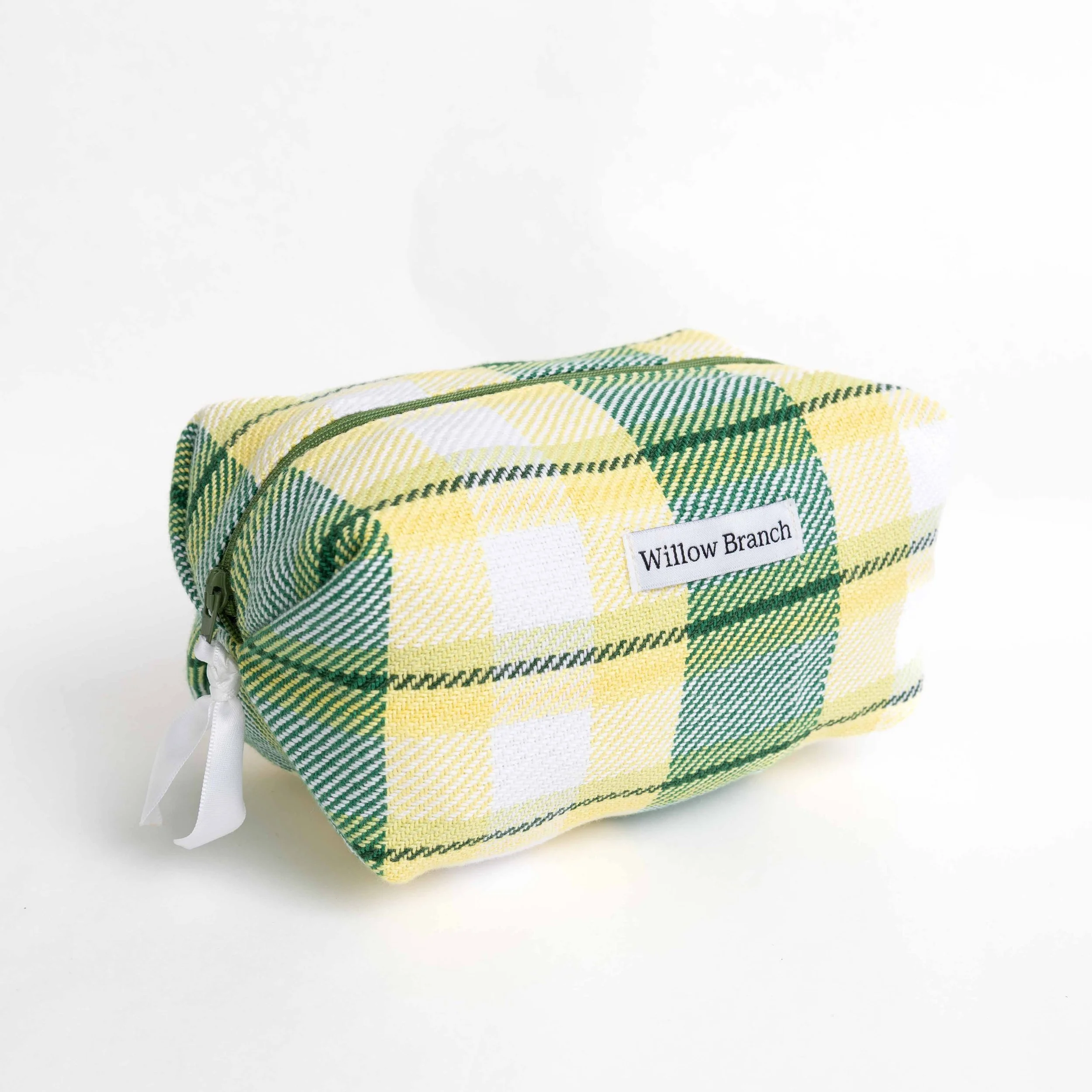 Green Yellow and White Handwoven Boxy Makeup Bag With Green Zipper small