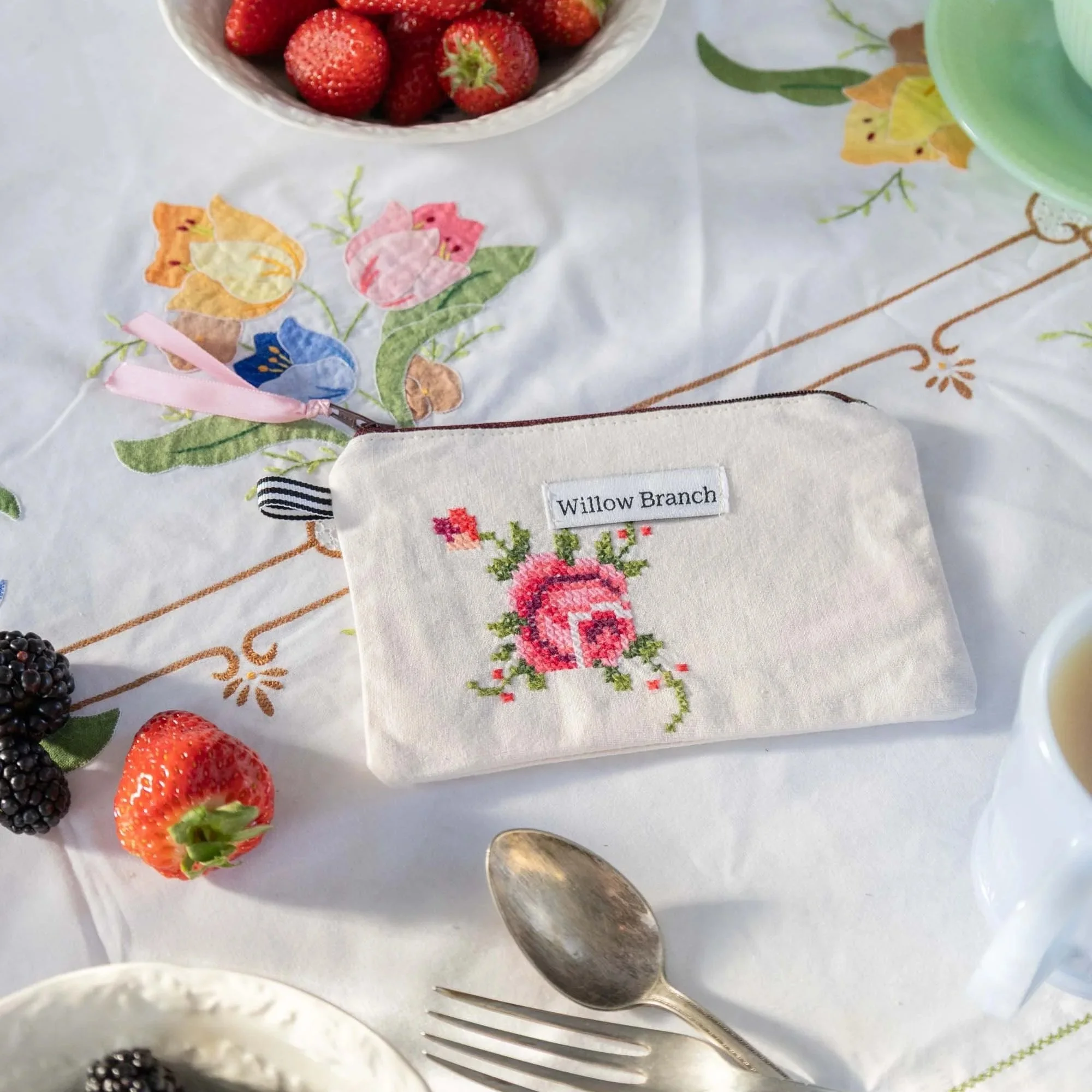 Beige with Pink Rose Embroidery Flat Pouch Light Pink Ribbon