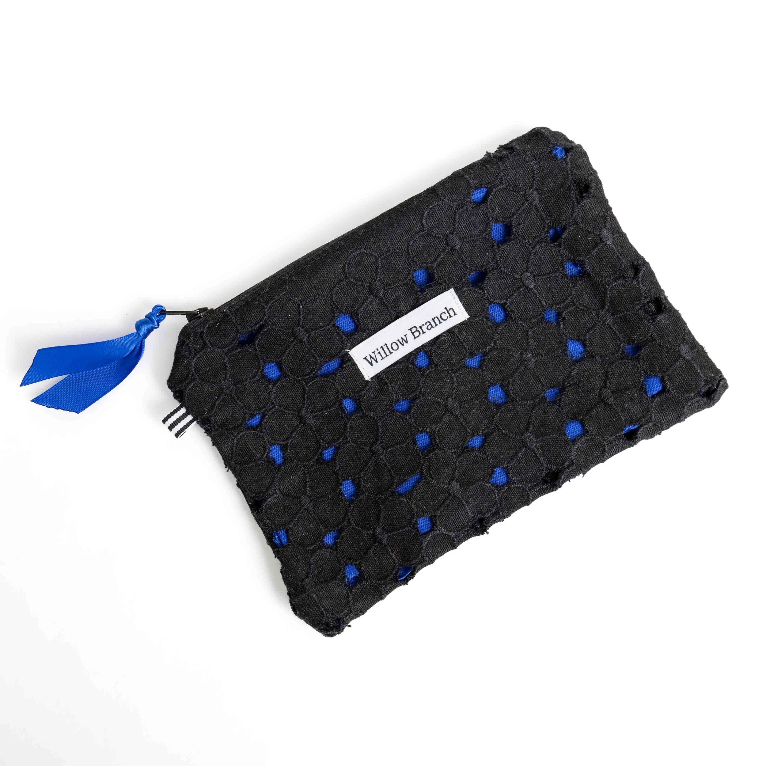 Black eyelet lace over Cobalt blue Flat Pouch medium Black Zipper