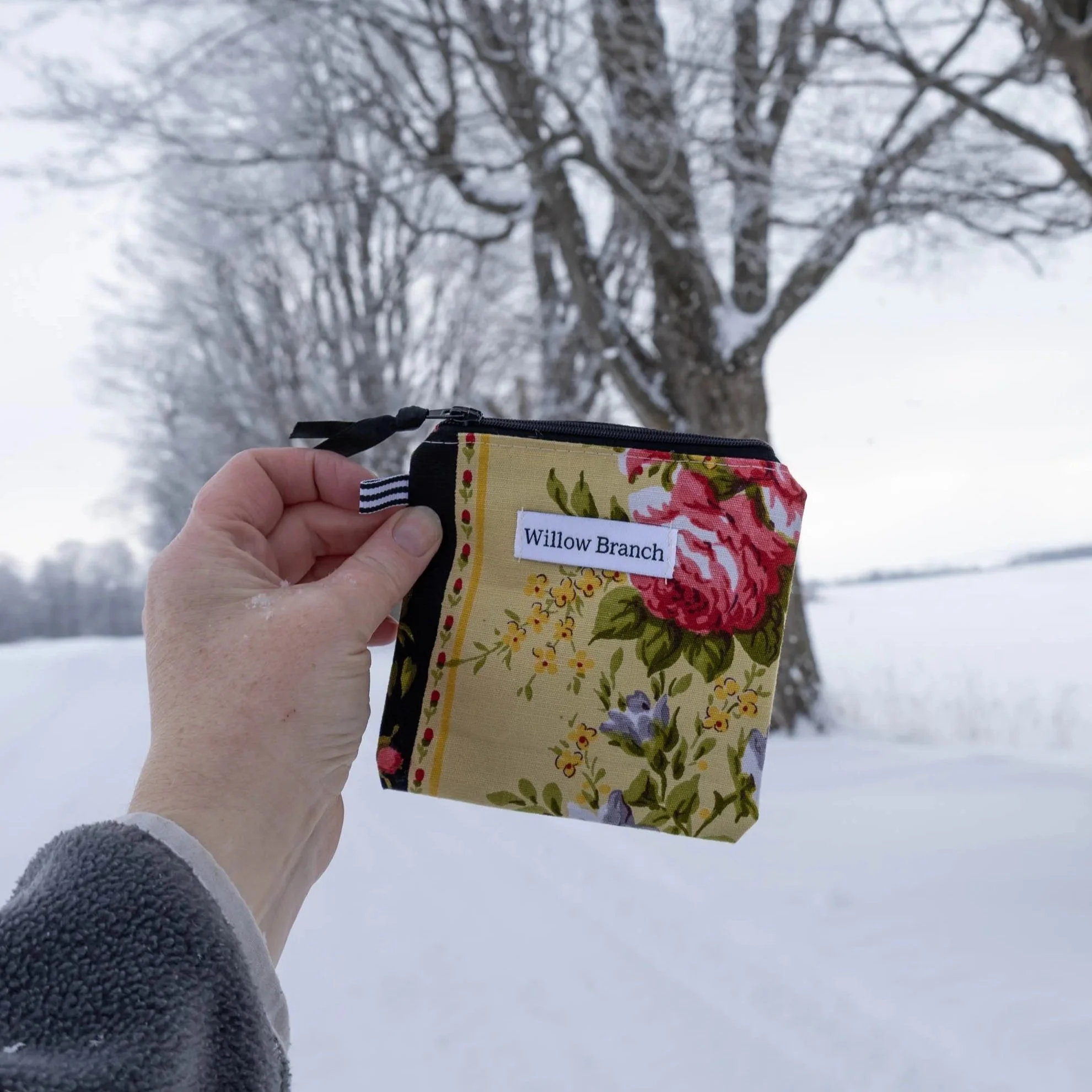 Yellow Vintage Floral Flat Pouch Black Ribbon