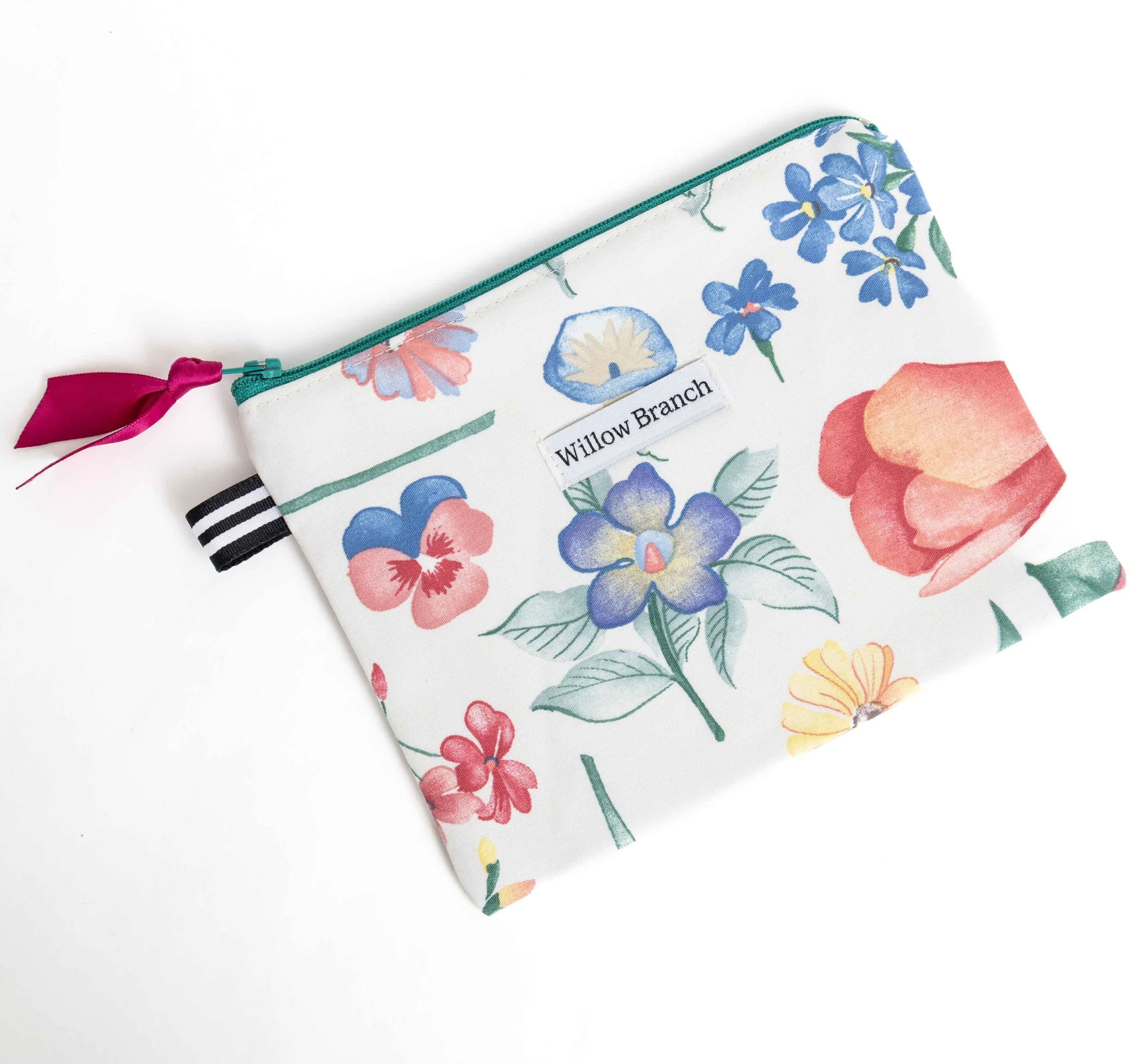 White Floral Flat Pouch Teal Zipper