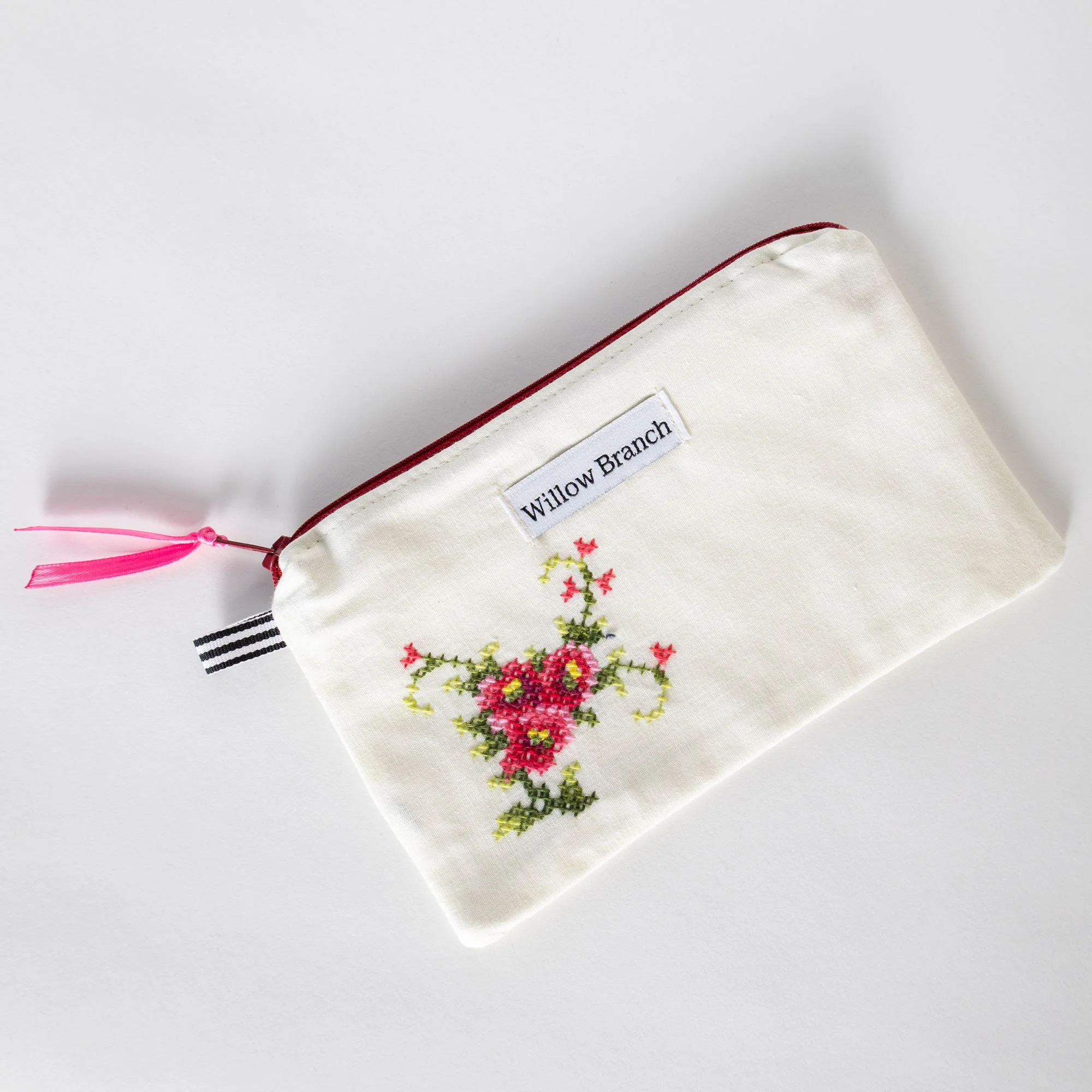 Cream with Three Pink Rose Embroidery Flat Pouch With Red Zipper