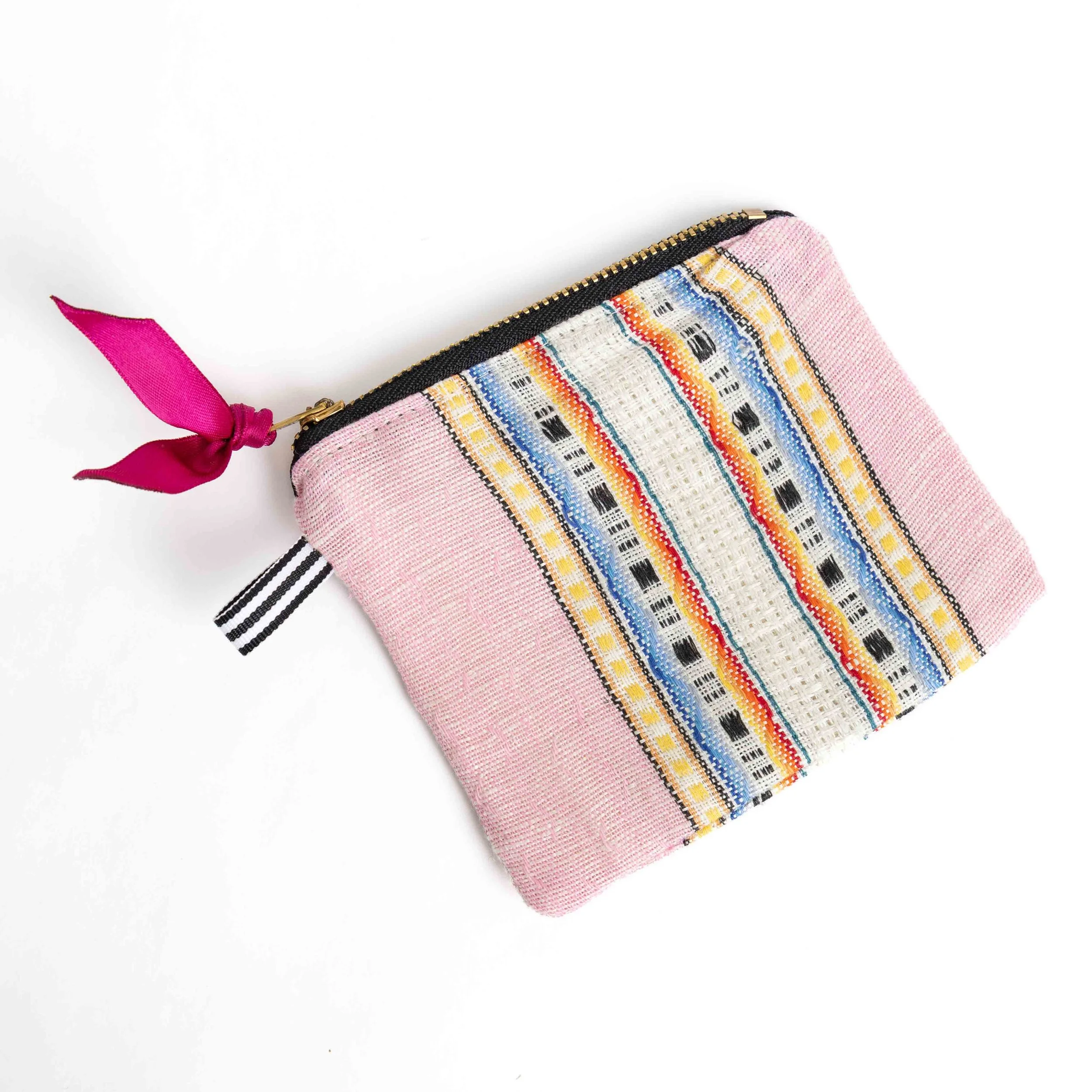 Pink Woven Multi Stripe flat pouch brass zipper small