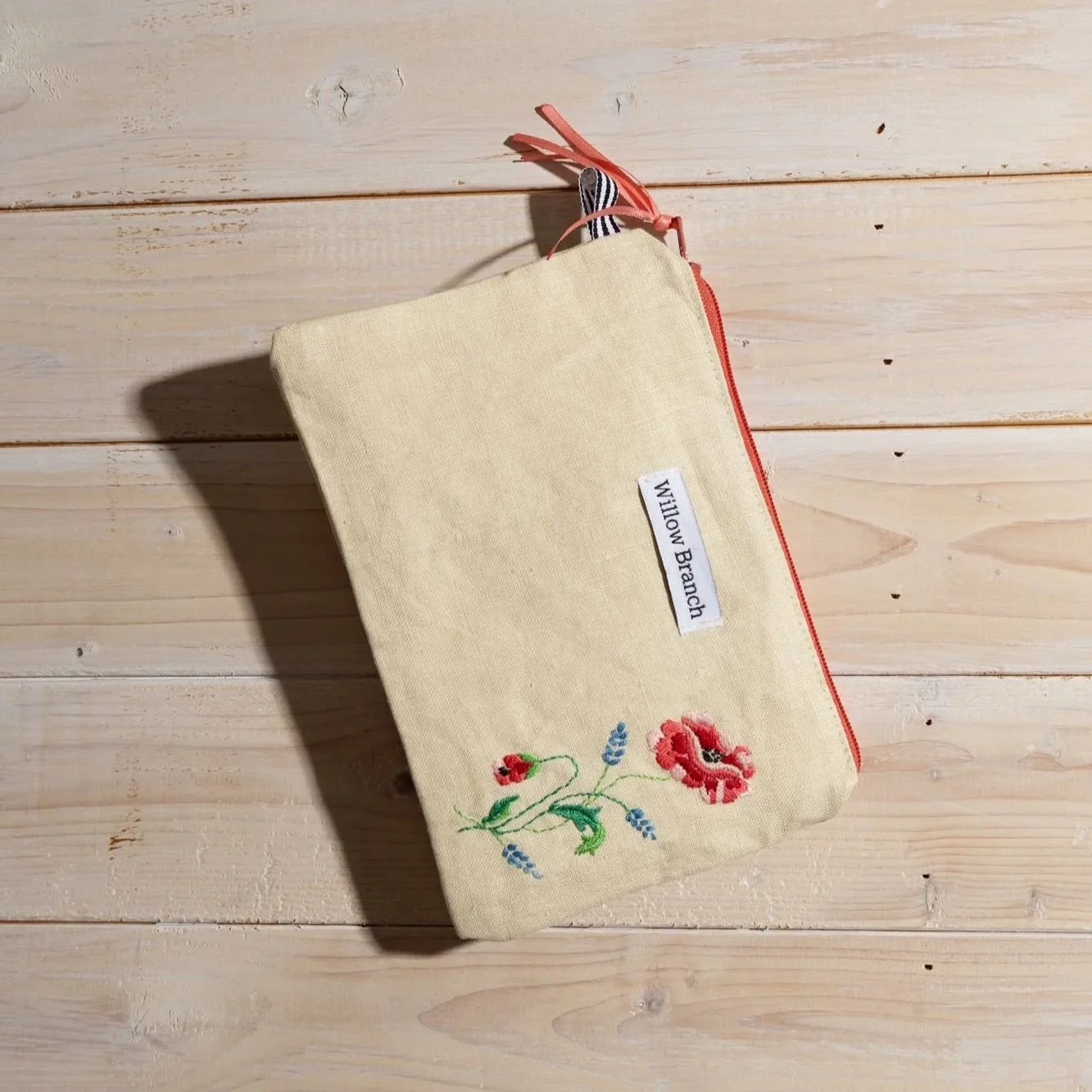 Embroidered Flower Flat Pouch With Salmon Pink zipper