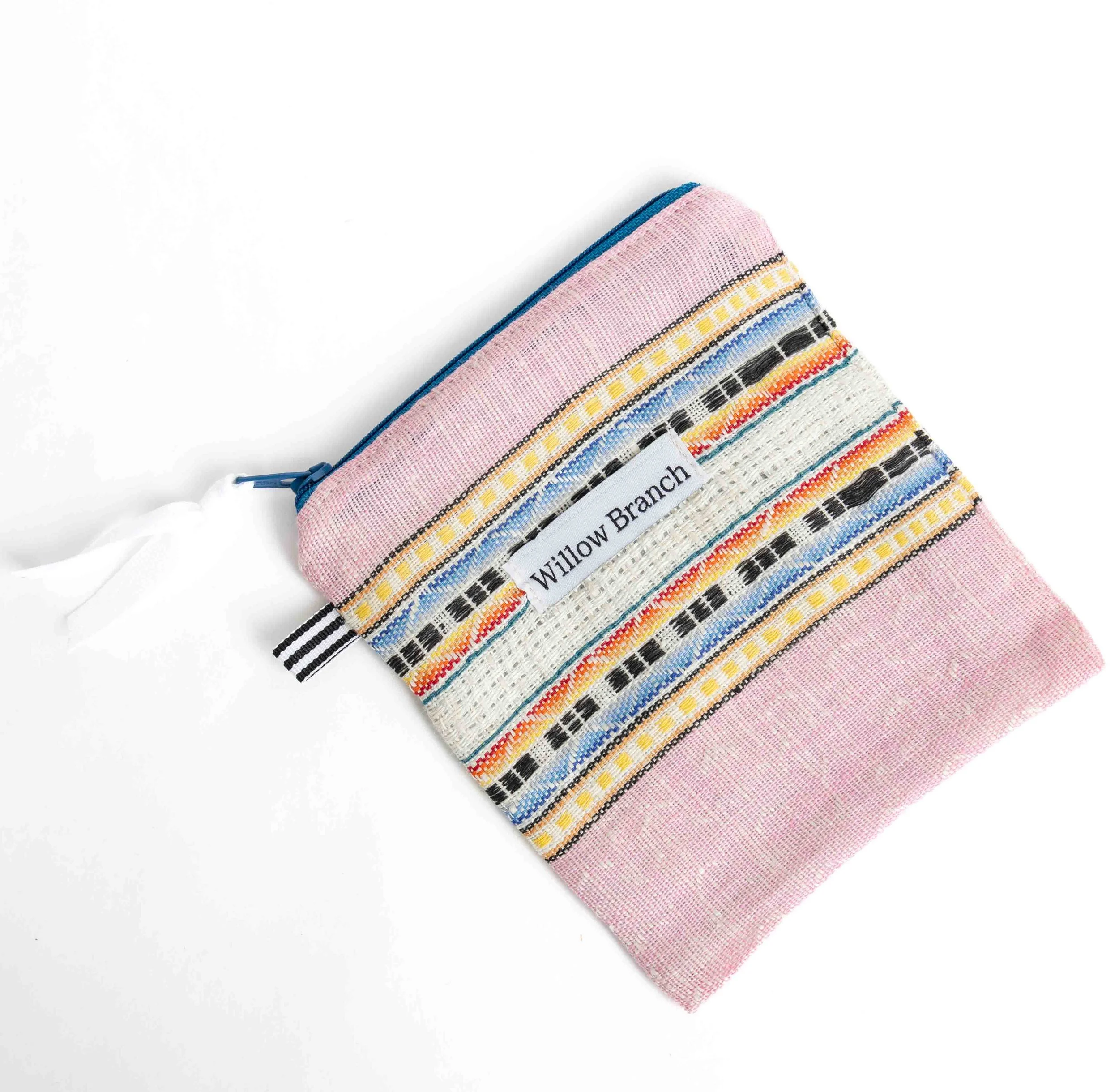 Pink Woven Multi Stripe flat pouch teal zipper small