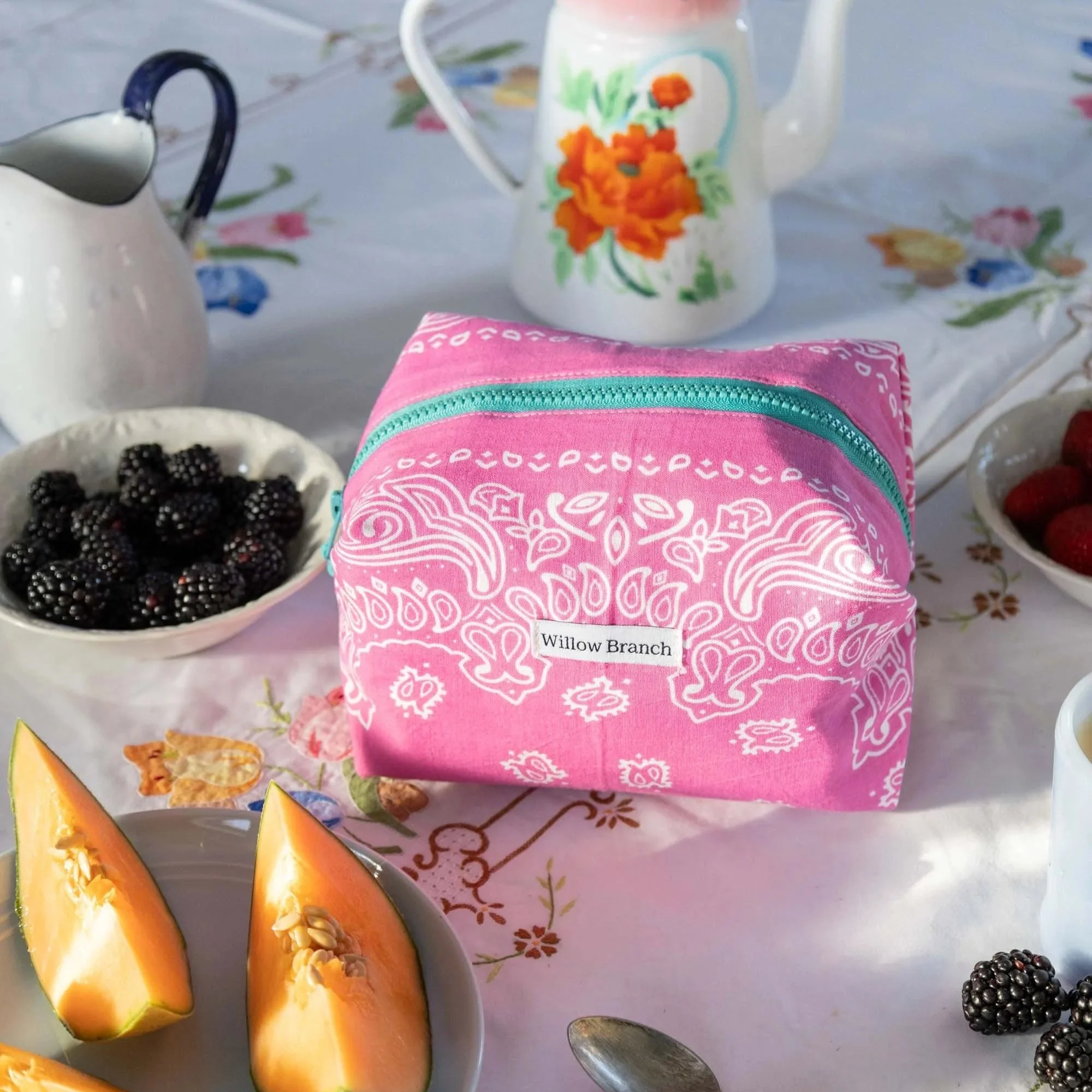 Pink Bandana Boxy Makeup Bag with Teal Zipper