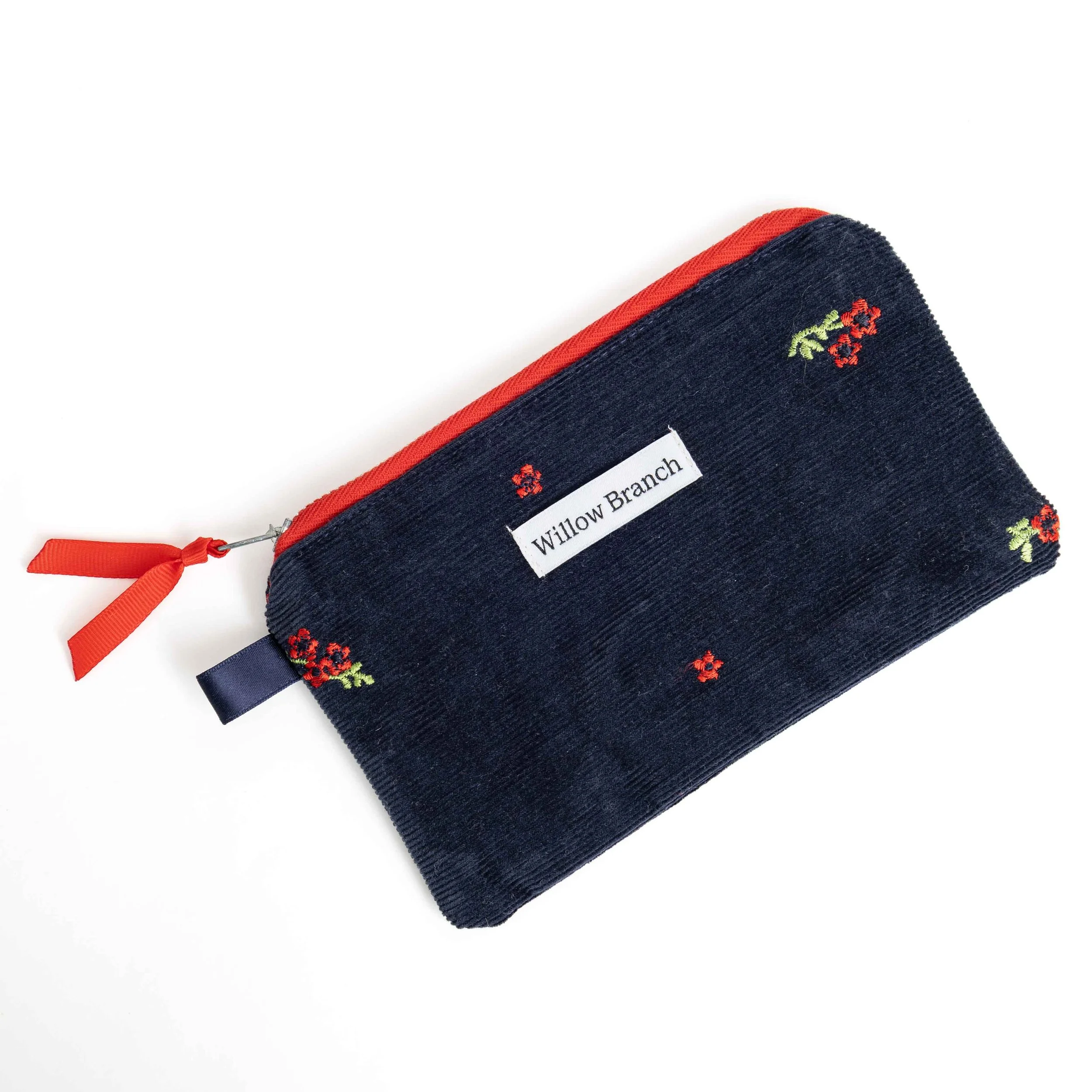 Navy Corduroy With Red Flowers Pencil Case Flat Pouch medium Red Metal Zipper