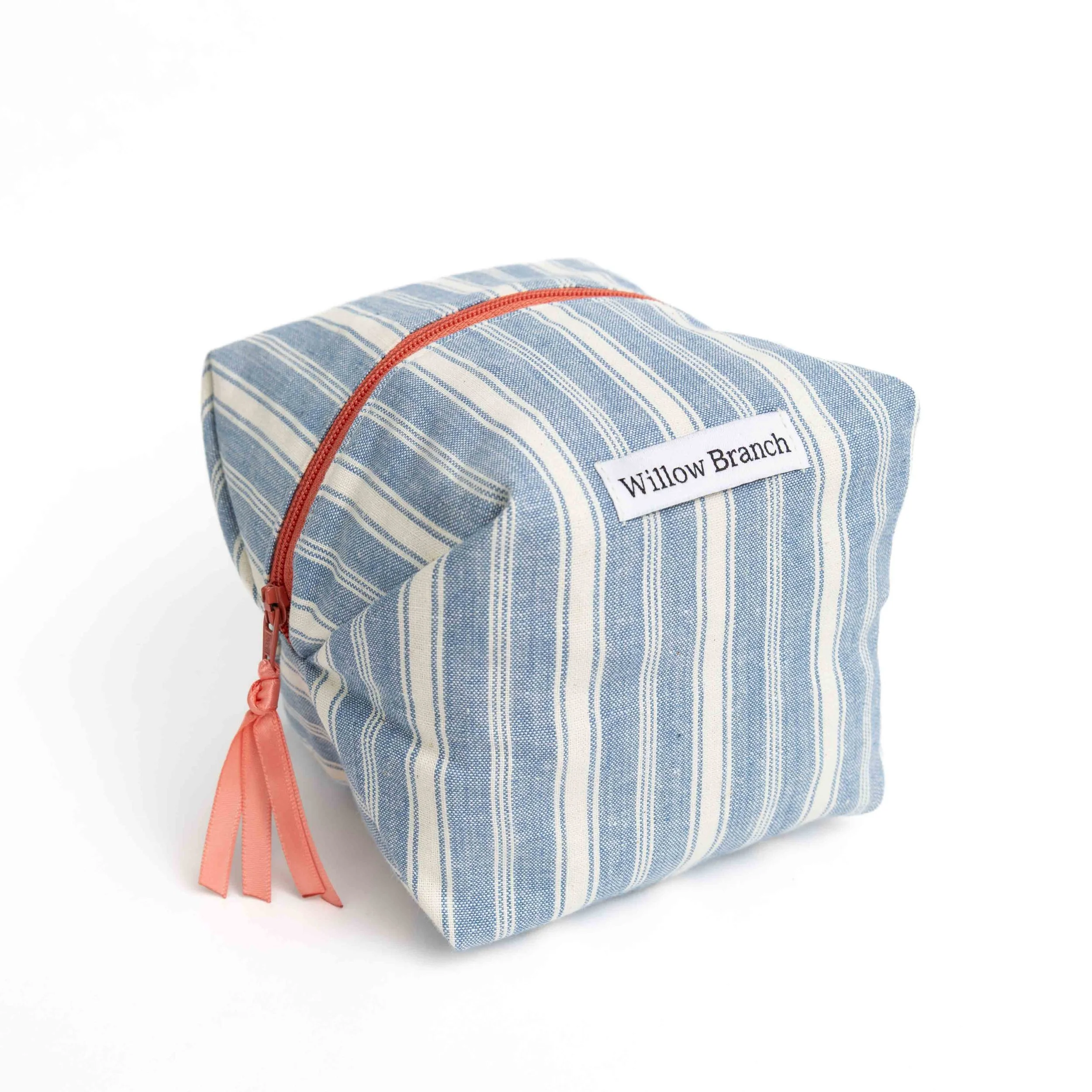 Blue Stripe Small Boxy Makeup Bag With Pink Zipper
