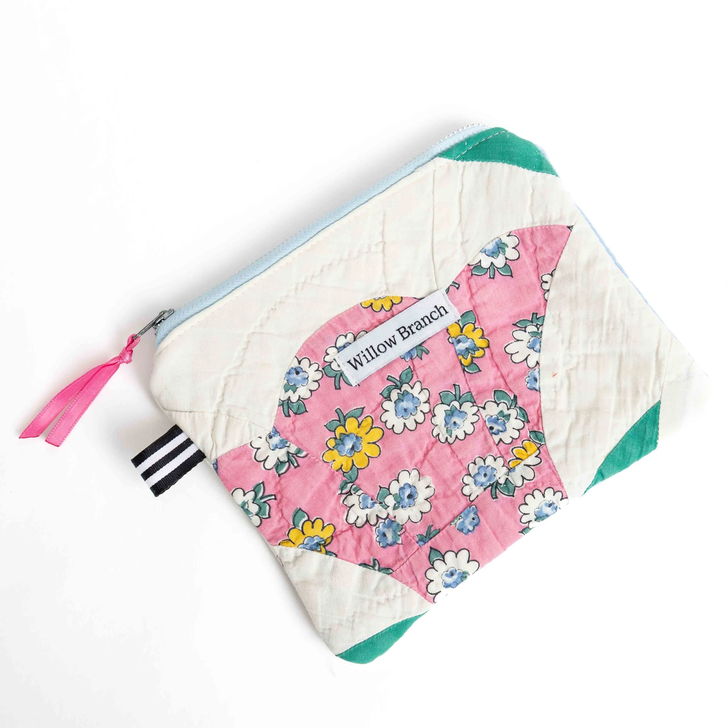 Pink Tulip Vintage Upcycled Quilt Flat Pouch with Blue Zipper
