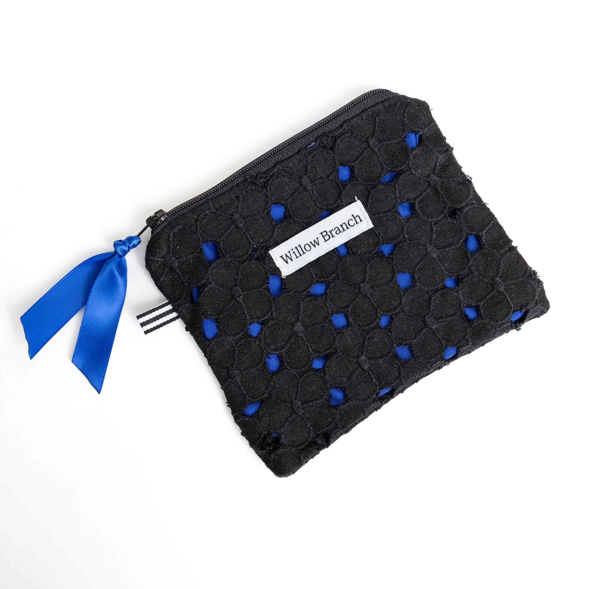 Black eyelet lace over Cobalt blue Flat Pouch small