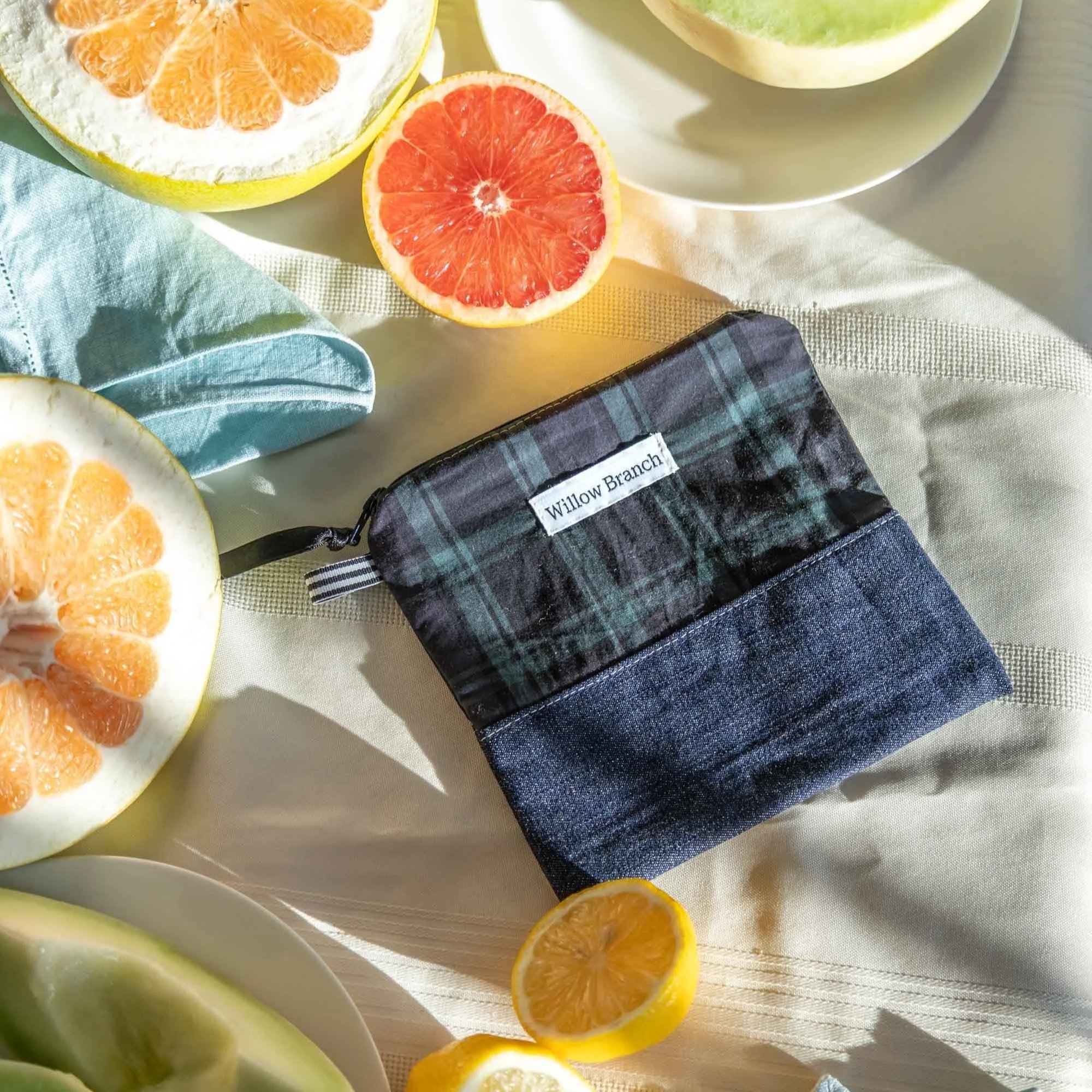 Black Watch Plaid With Denim Flat Pouch