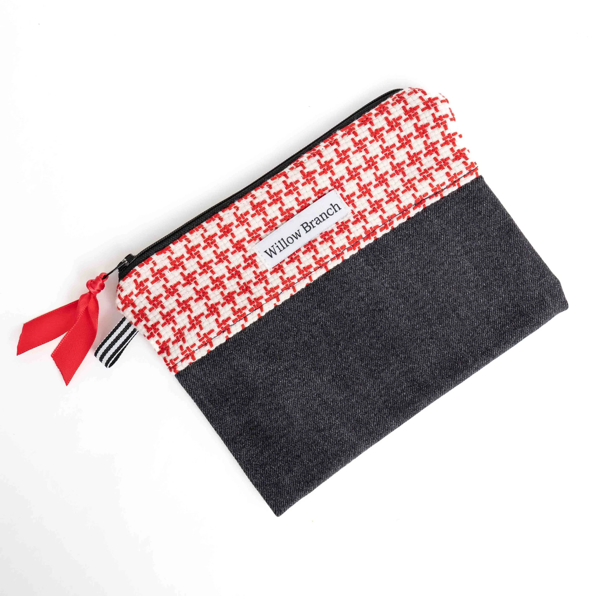 Red and White Flat Pouch With Black Denim