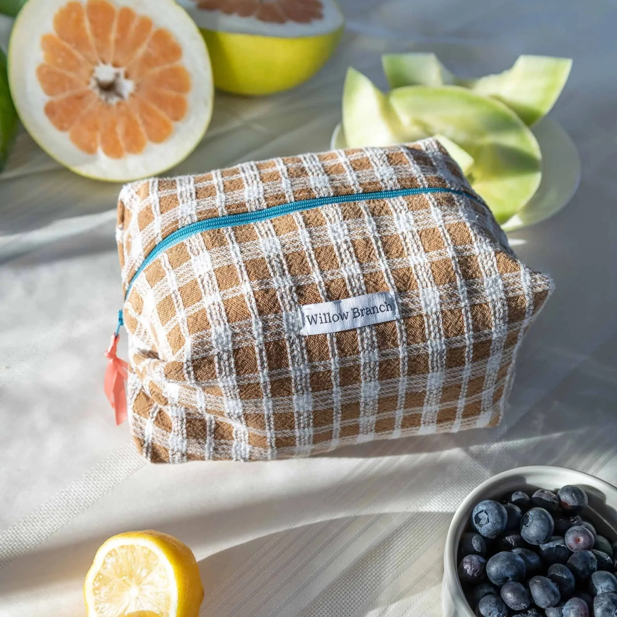 Brown and White Plaid Boxy Bag With Blue zipper