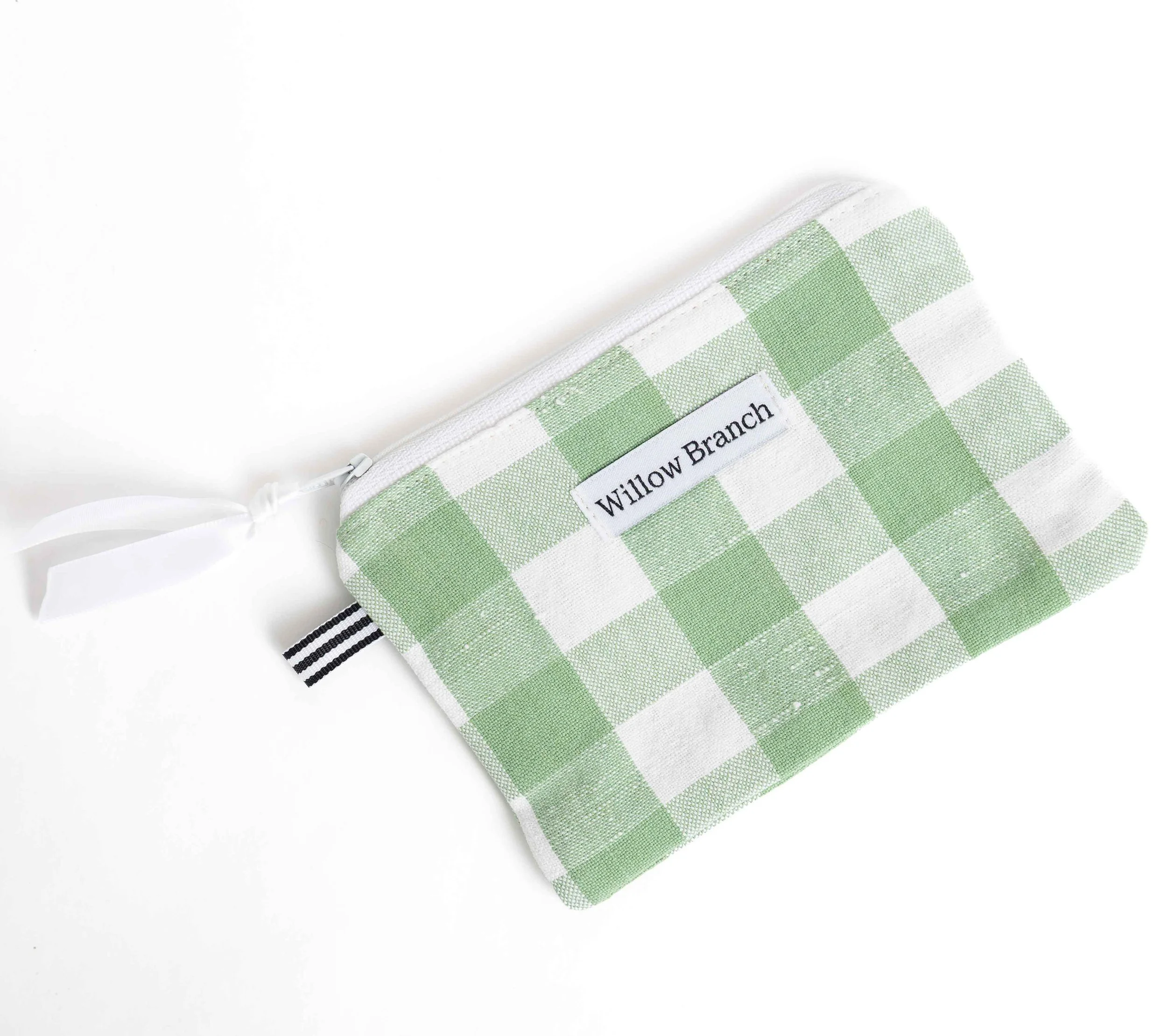 Light Green and White Gingham Flat Pouch with White Zipper
