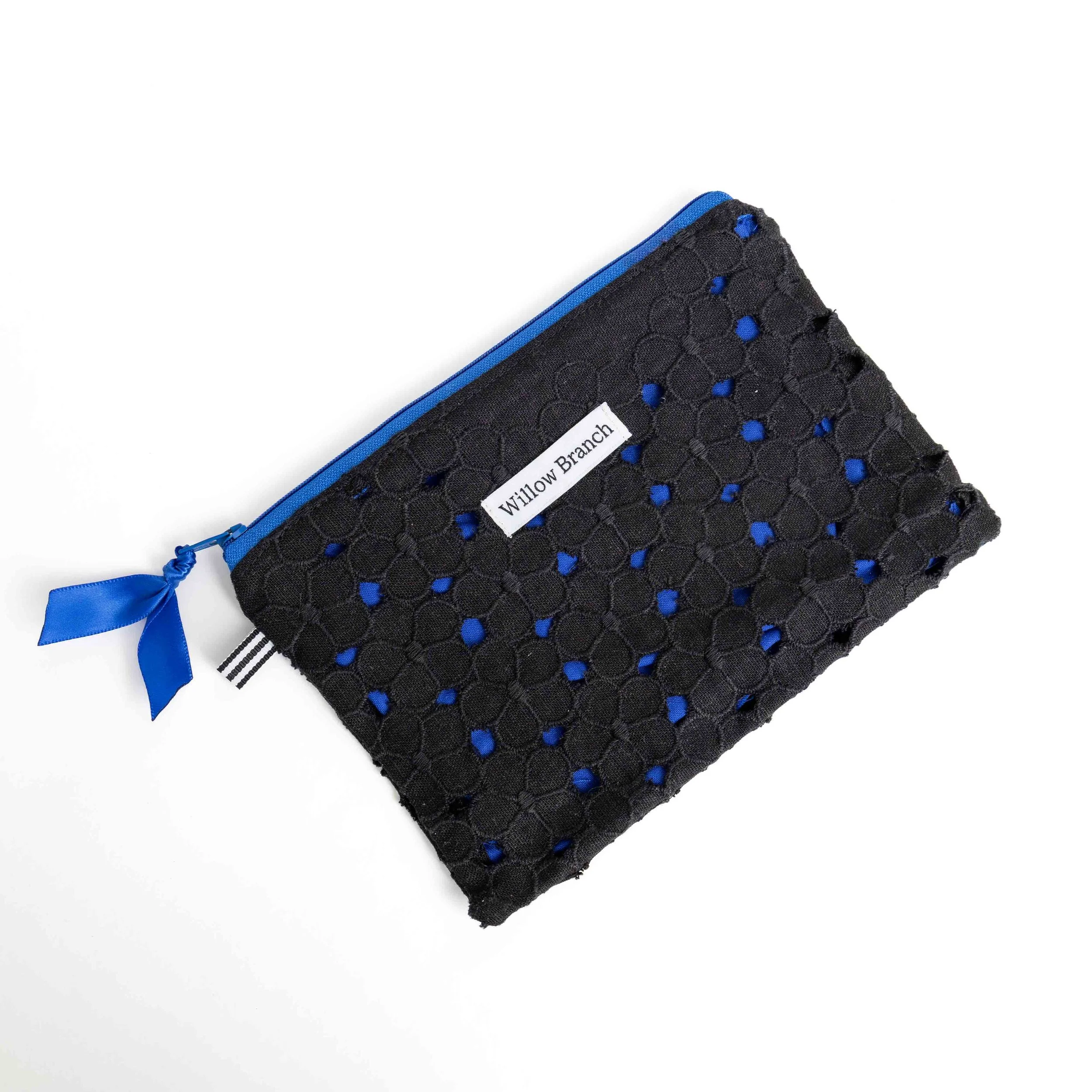 Black eyelet lace over Cobalt blue Flat Pouch medium Blue Zipper