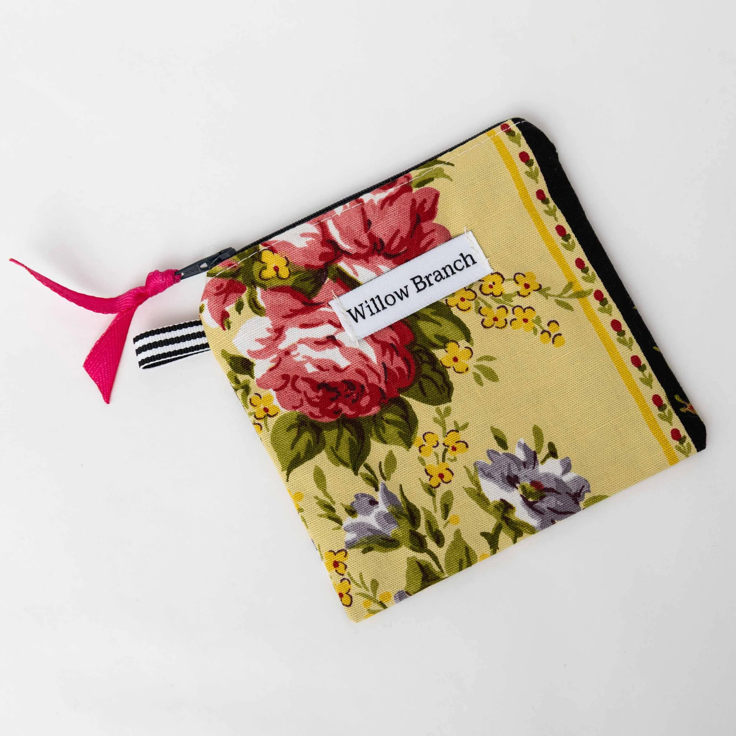 Yellow Vintage Floral Flat Pouch Pink Ribbon