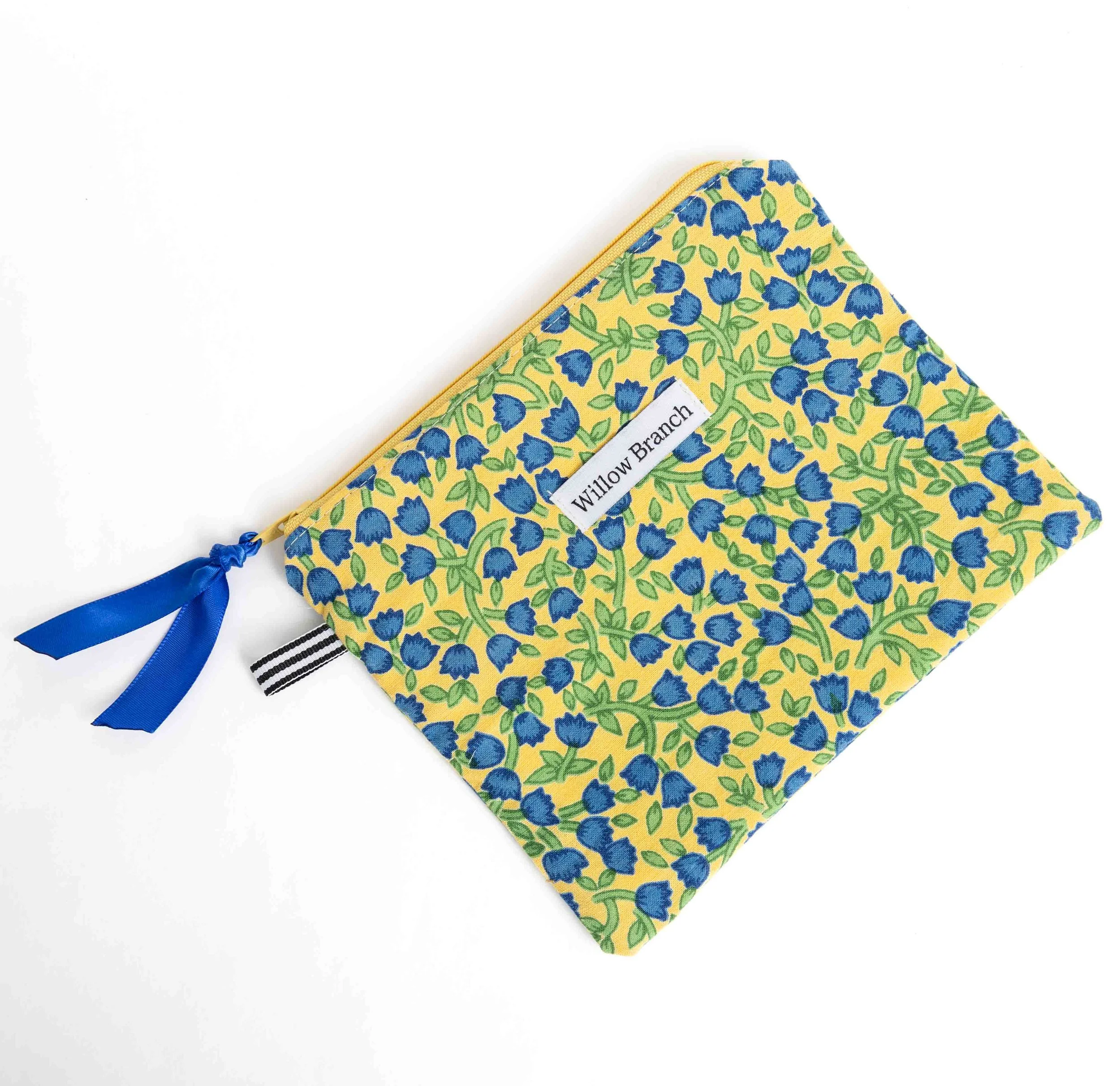 Yellow and Blue Flower Flat Pouch with yellow Zipper