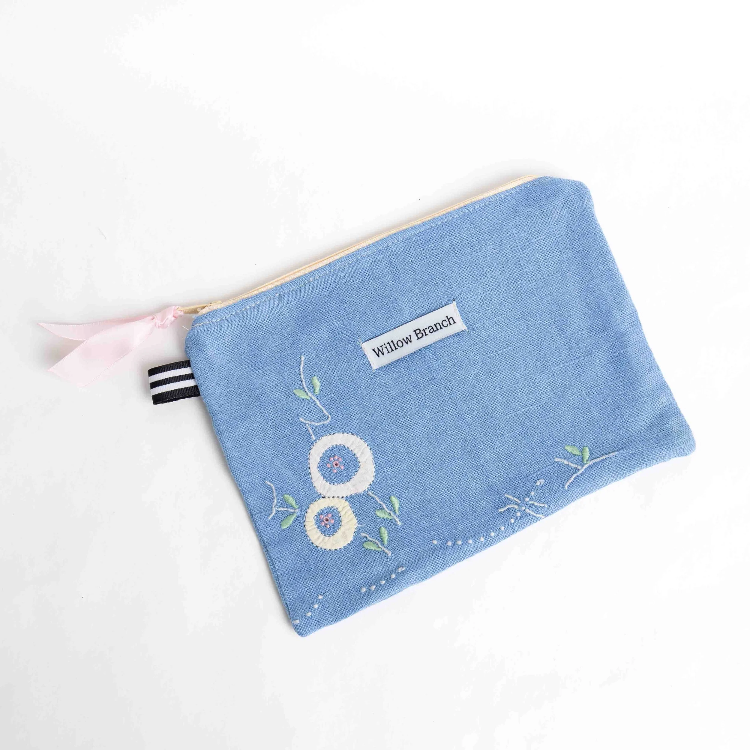 Blue 2 Embroidered flower Flat Pouch