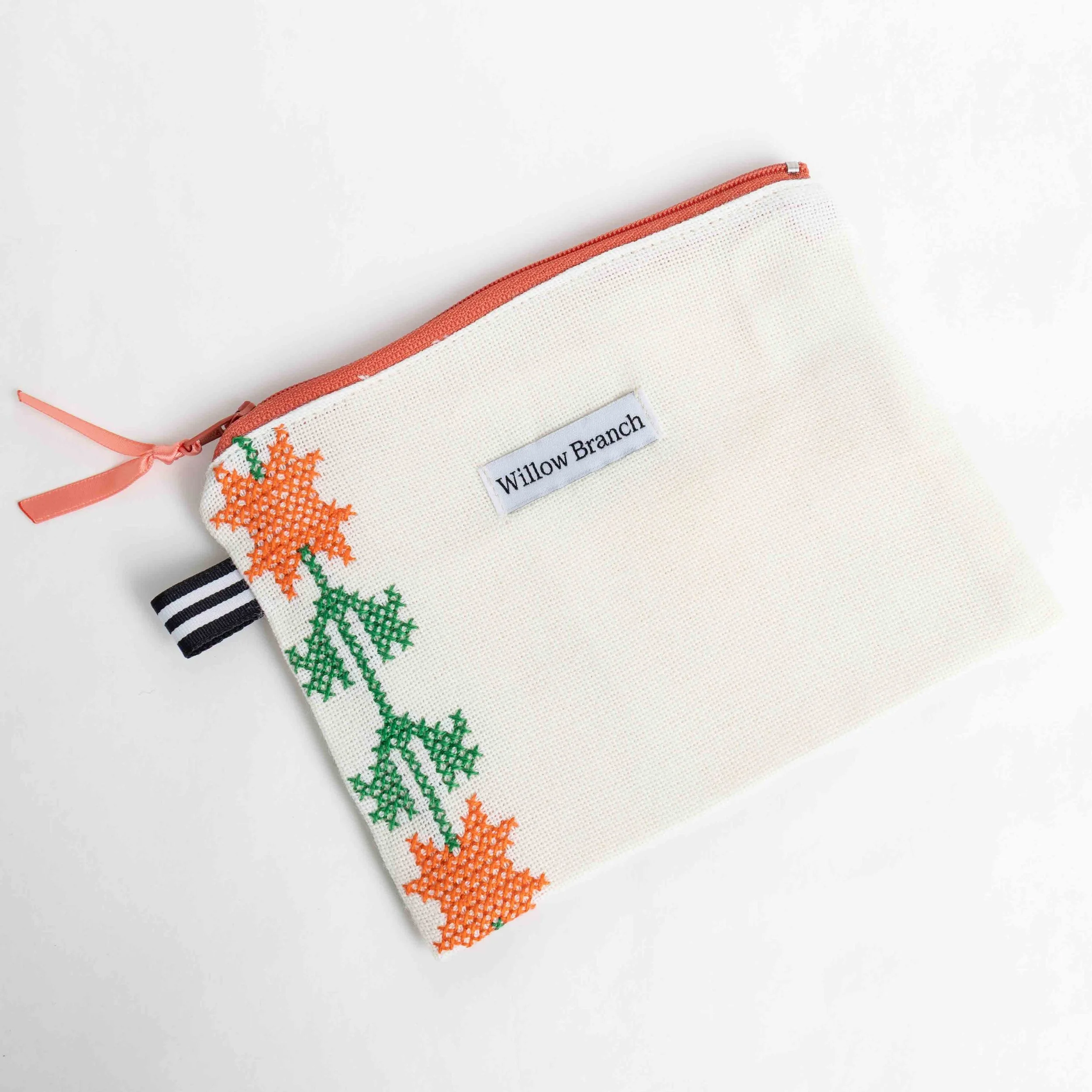 Embroidered Orange Flower Pouch Orange Zipper