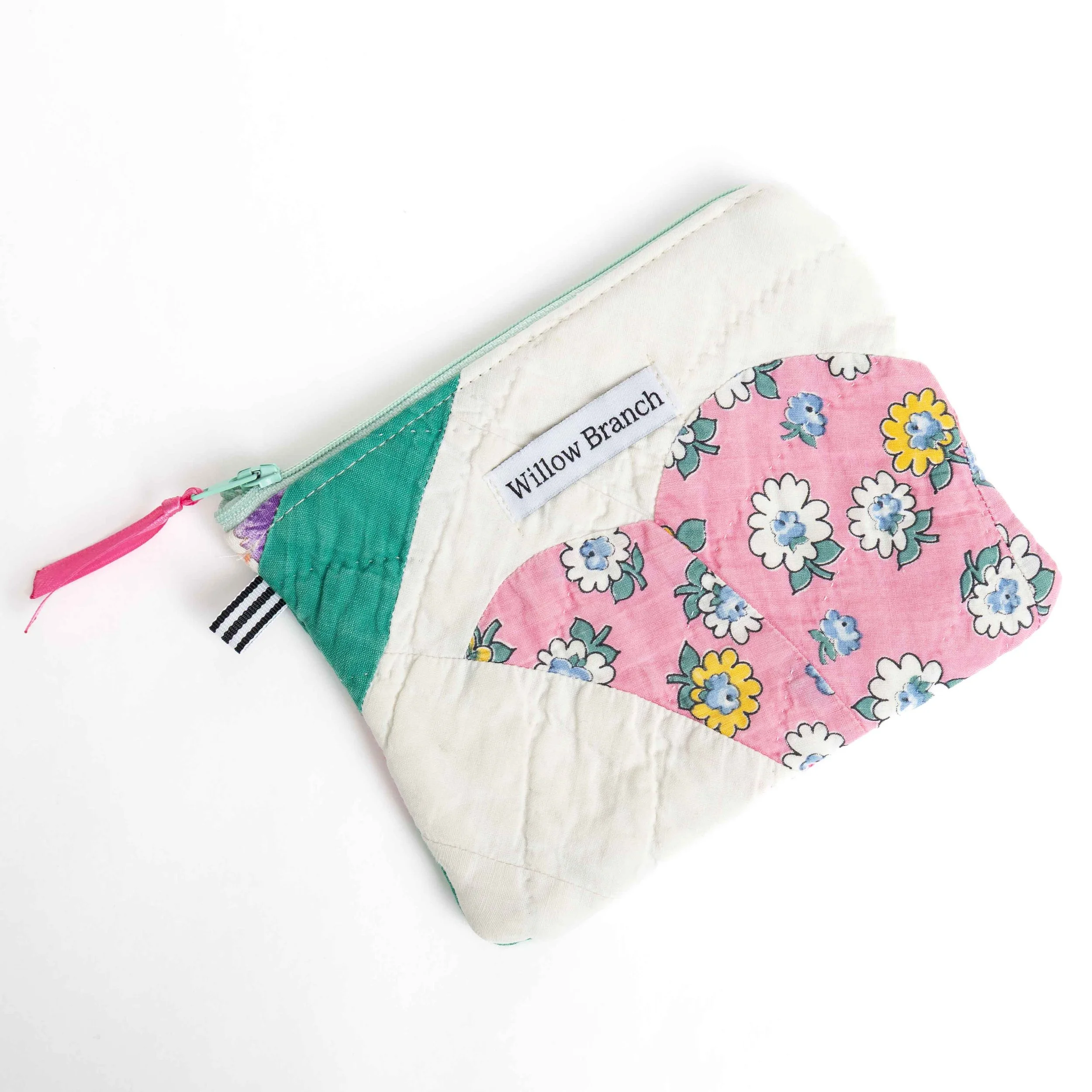 Pink Tulip Vintage Upcycled Quilt Flat Pouch with Teal Zipper