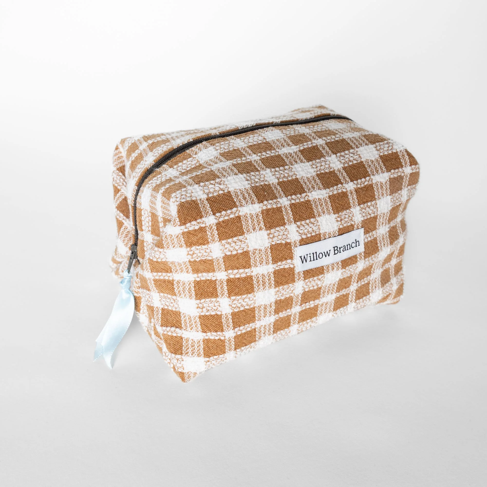 Brown and White Plaid Boxy Bag With Dark Brown Zipper