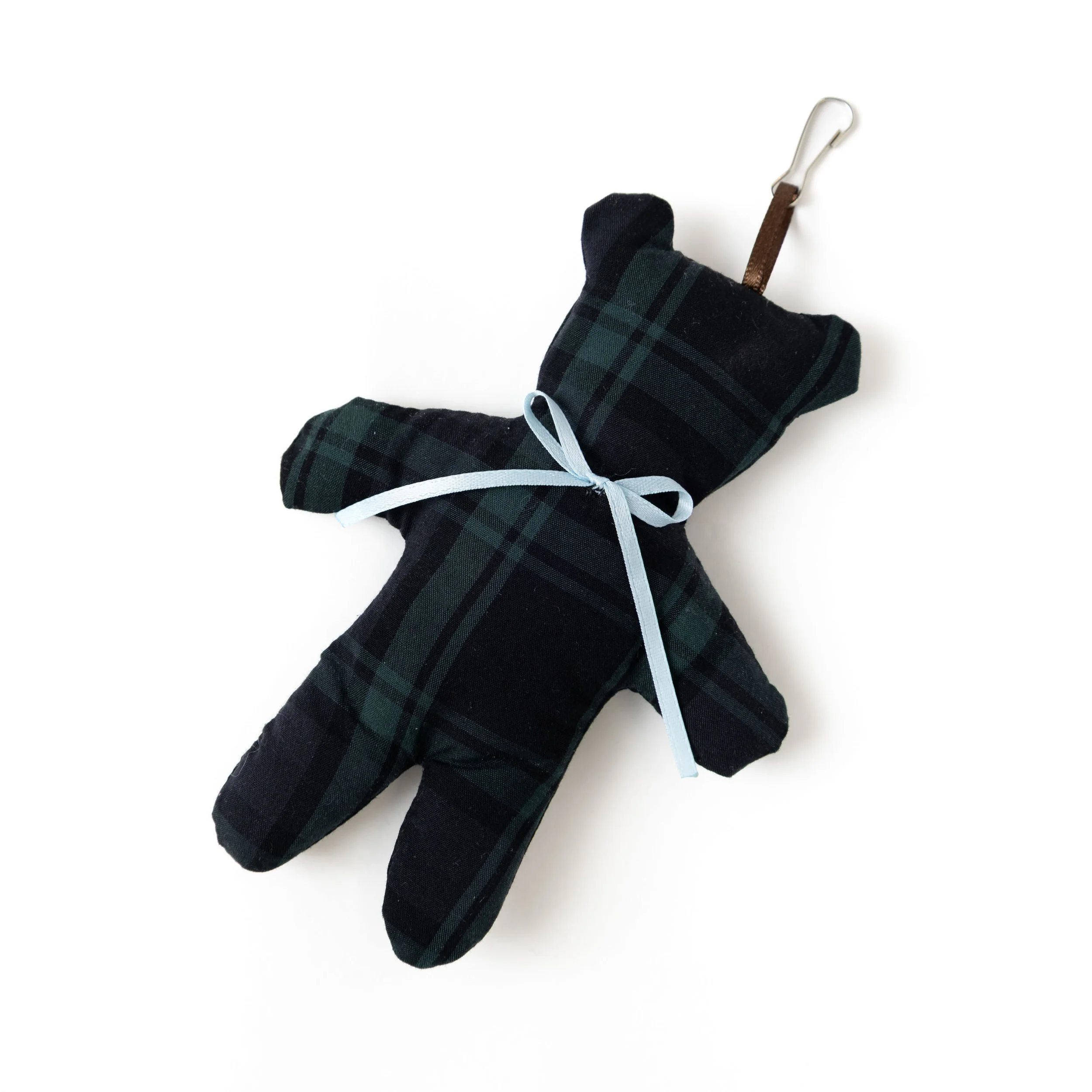 Black Watch Plaid Teddy Bear Charm With Blue Ribbon