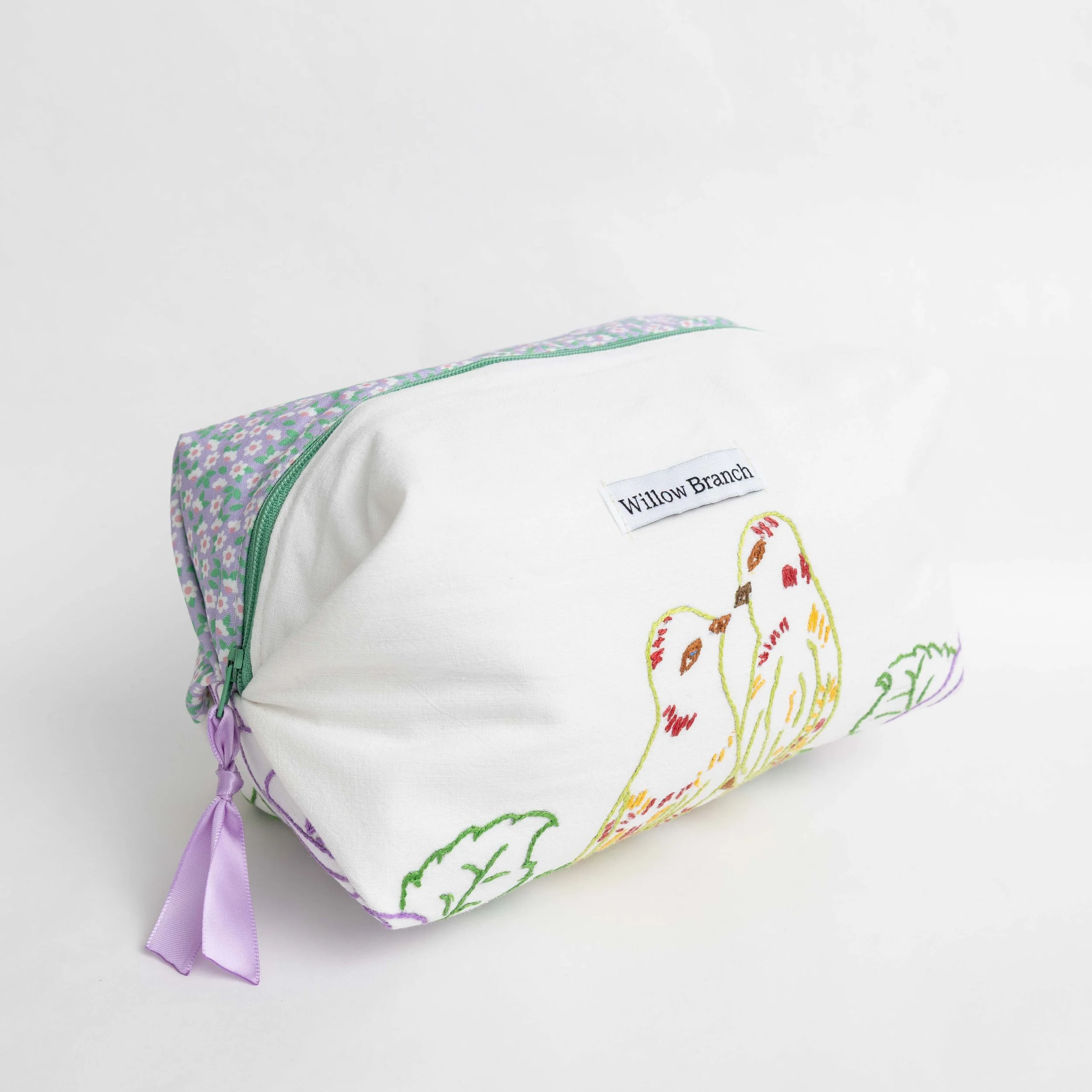 Bird Embroidery Boxy Makeup Bag with purple and green mini flowers