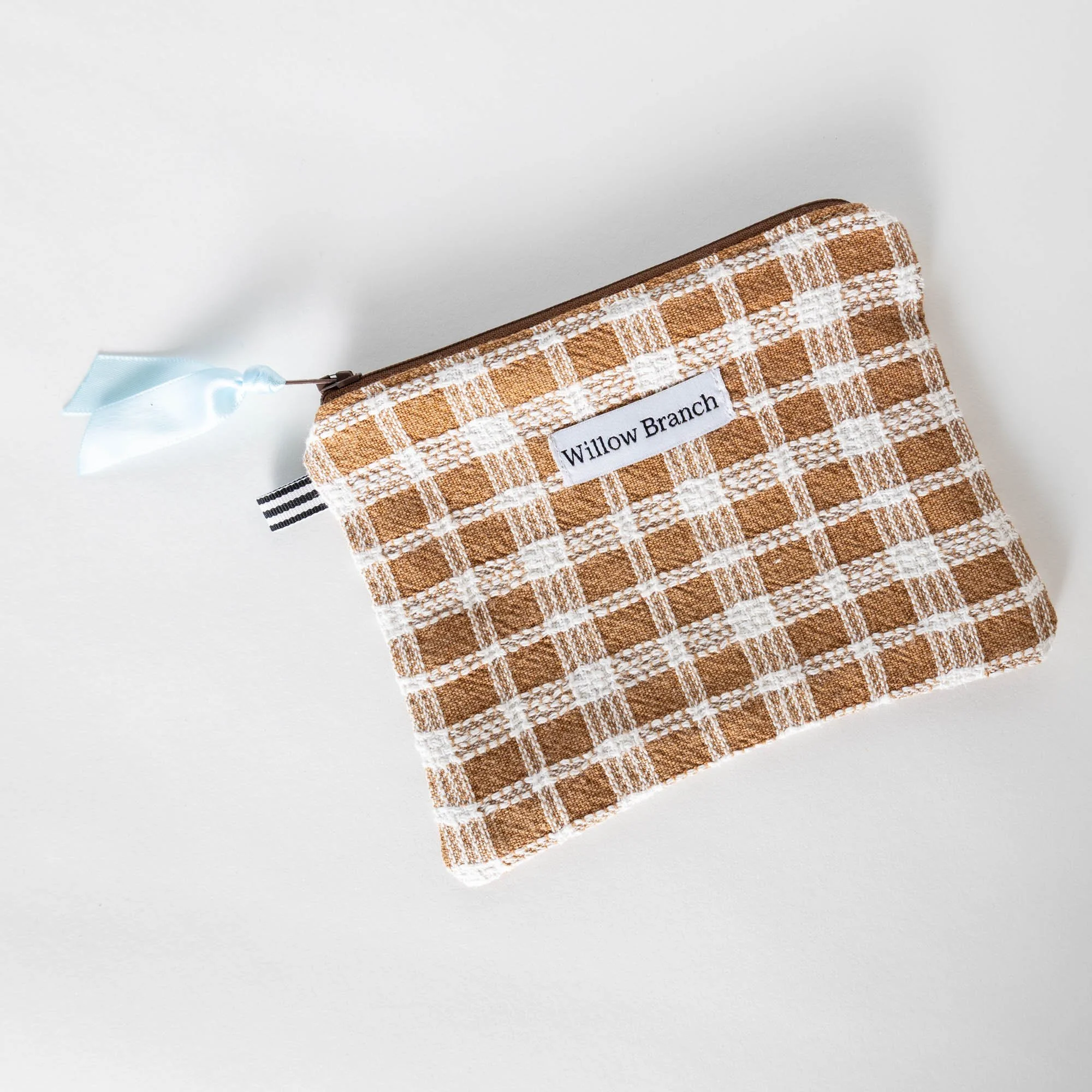 Brown and White Plaid Flat Pouch With Brown Zipper