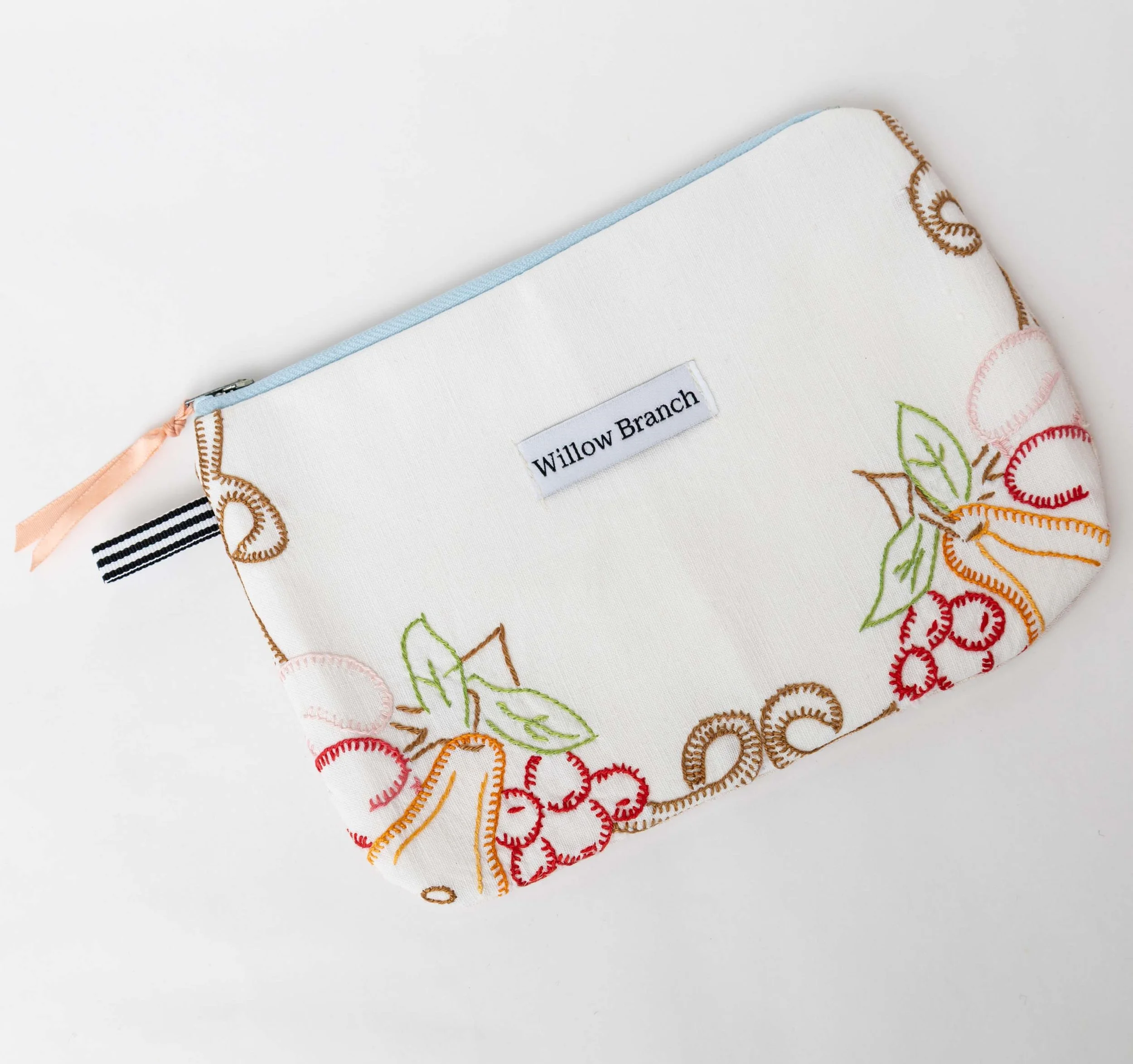 Fruit Embroidered Pink Flat Pouch