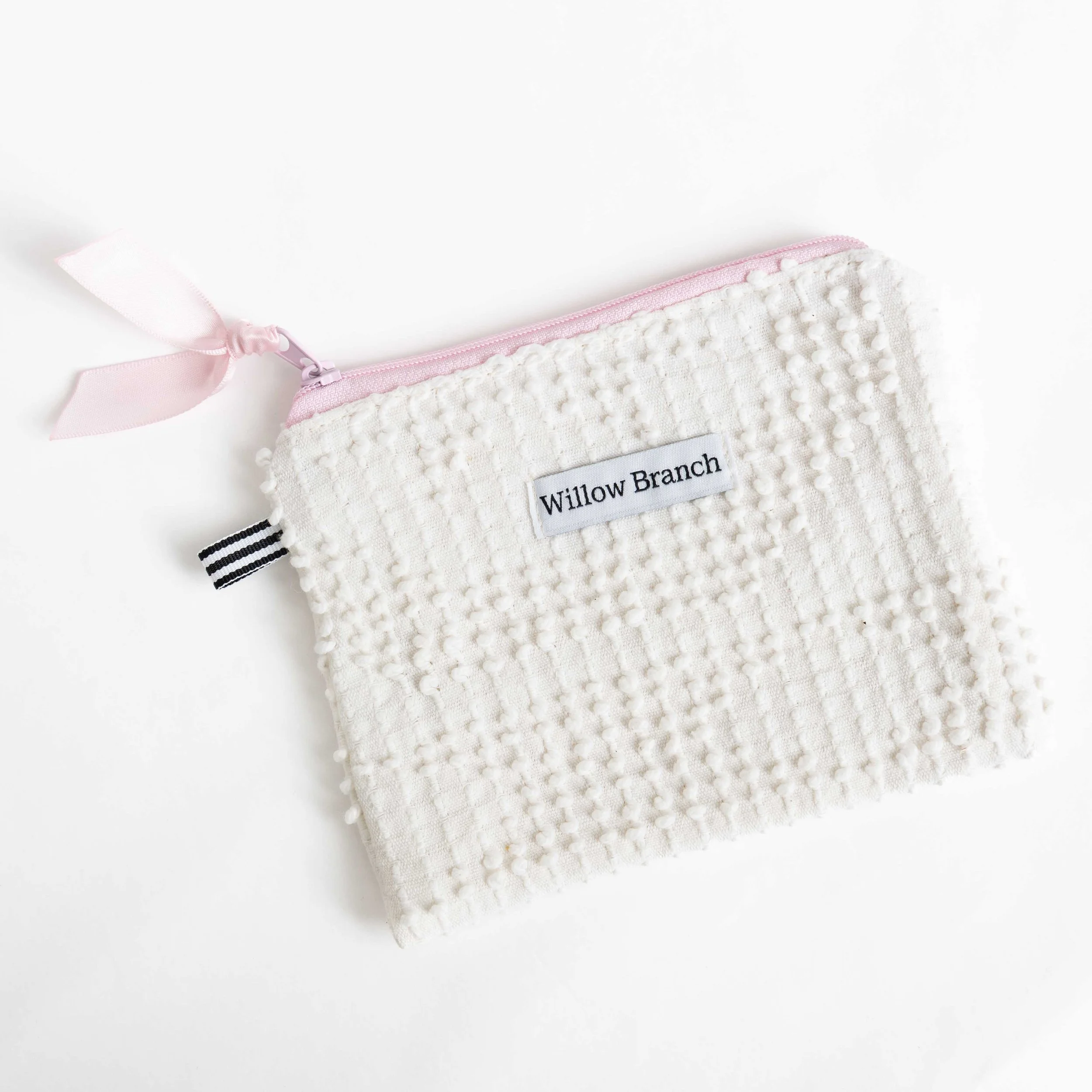 White Chenille Flat Pouch with Pink Zipper