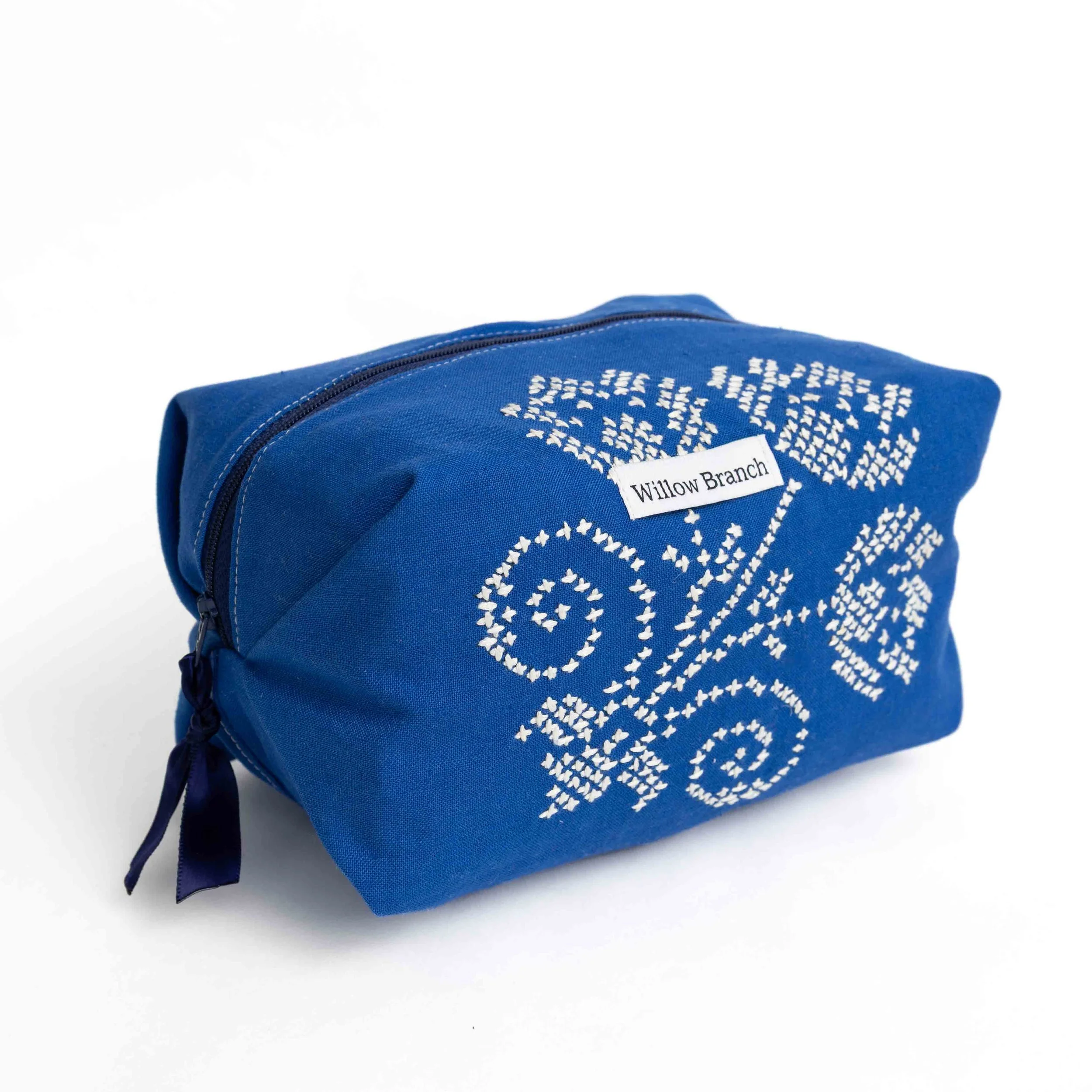 Cobalt Blue with White Embroidery Boxy Makeup Bag