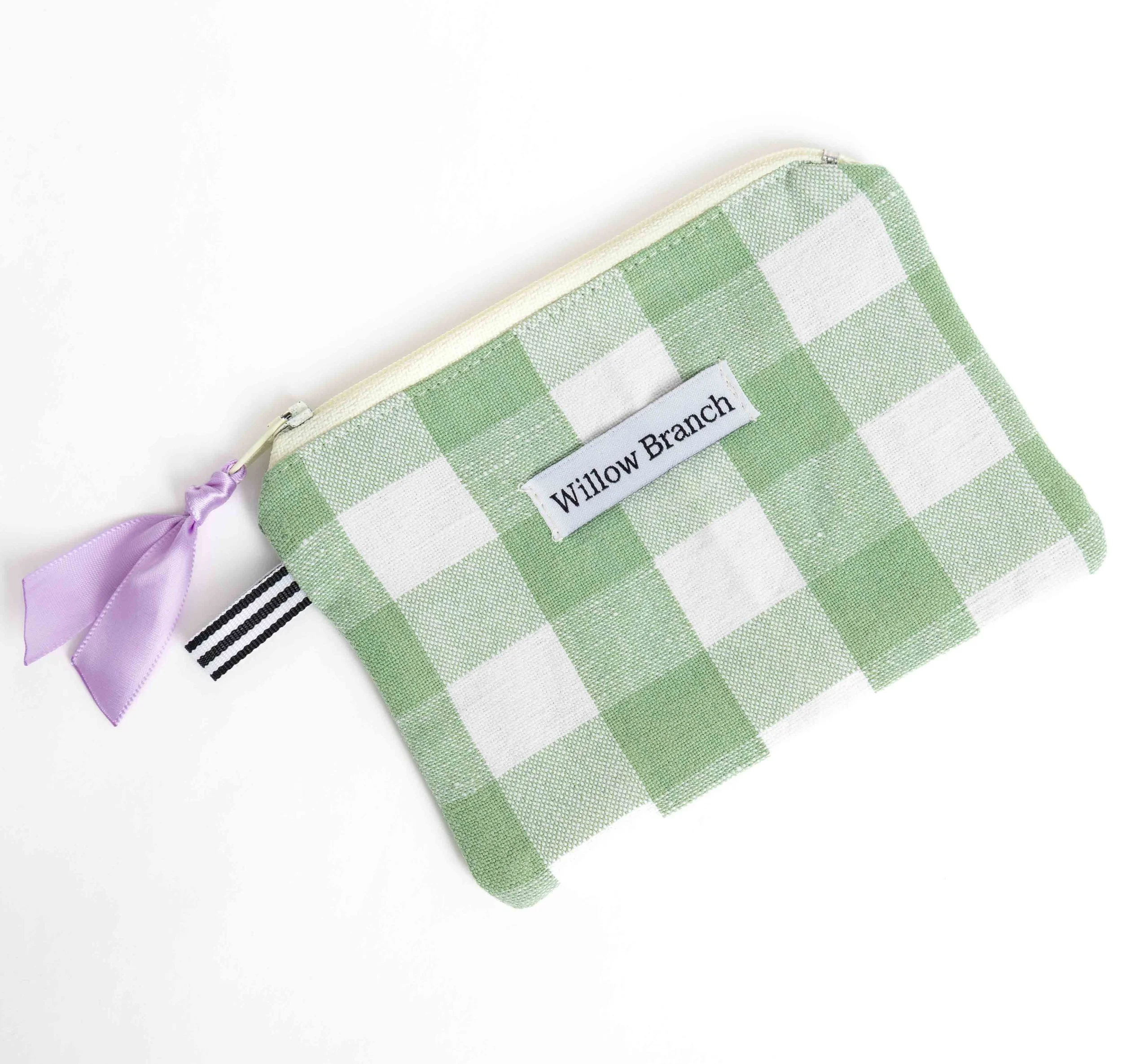 Light Green and White Gingham Flat Pouch with Purple Zipper