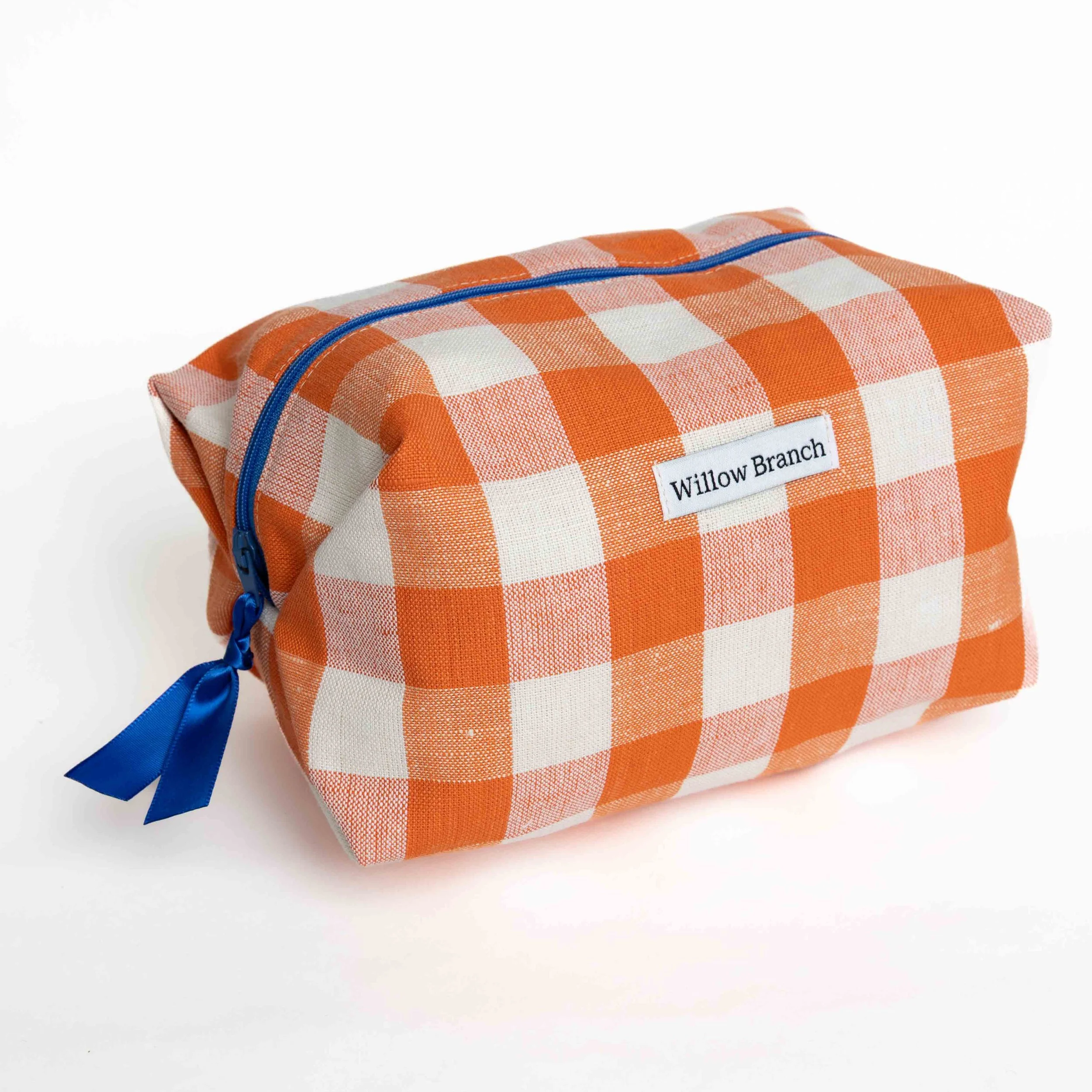 Orange and White Gingham Boxy Makeup Bag with Cobalt Blue Zipper