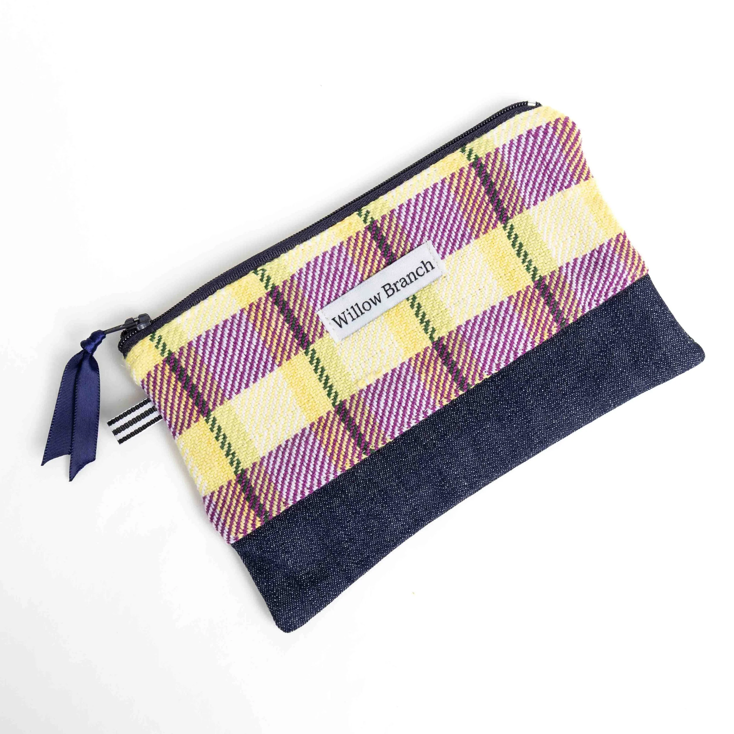 Purple and Yellow Flat Pouch With Denim 7.5