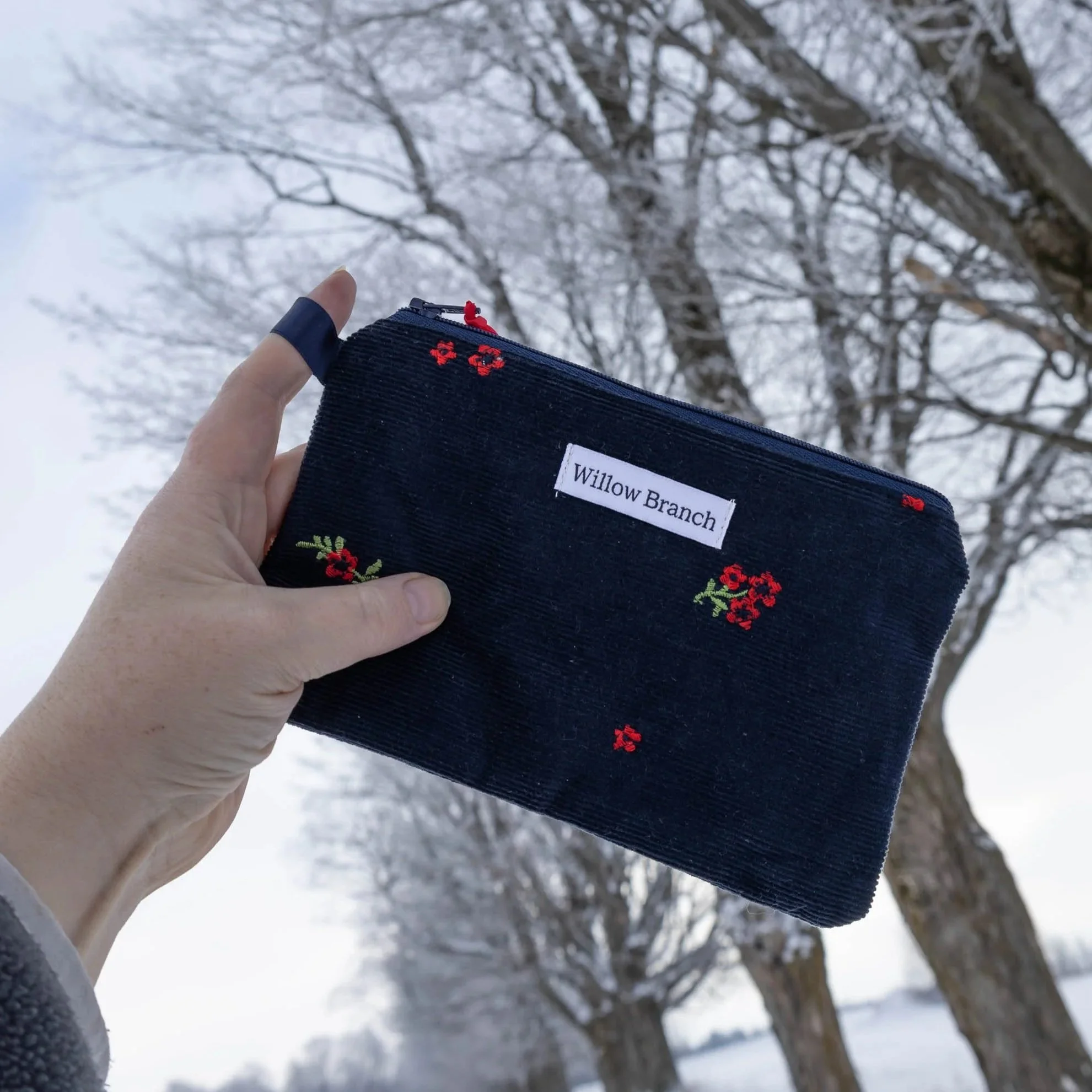 Navy Corduroy with Small Embroidered Flowers Flat Pouch