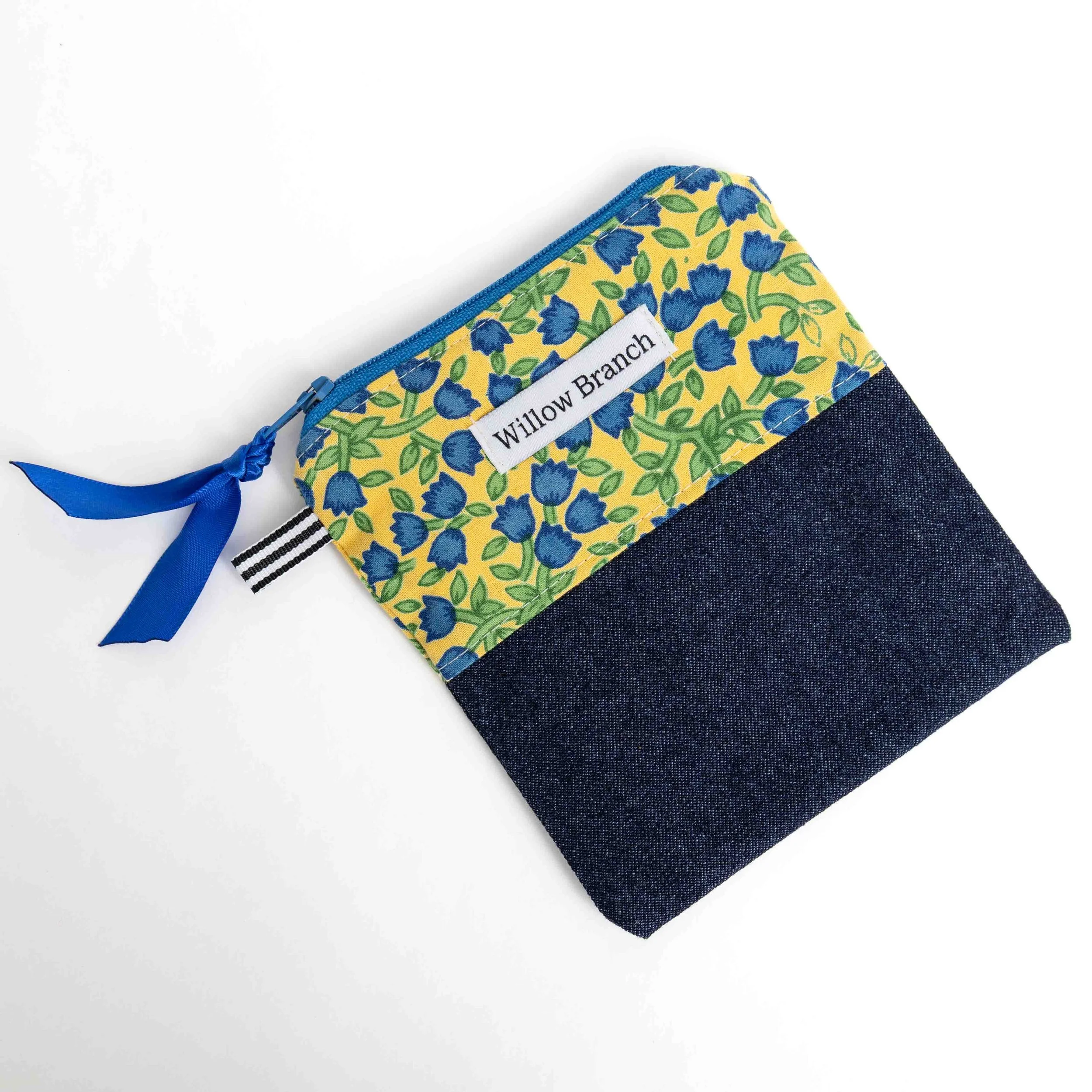 Yellow and Blue Flower Flat Pouch With Denim