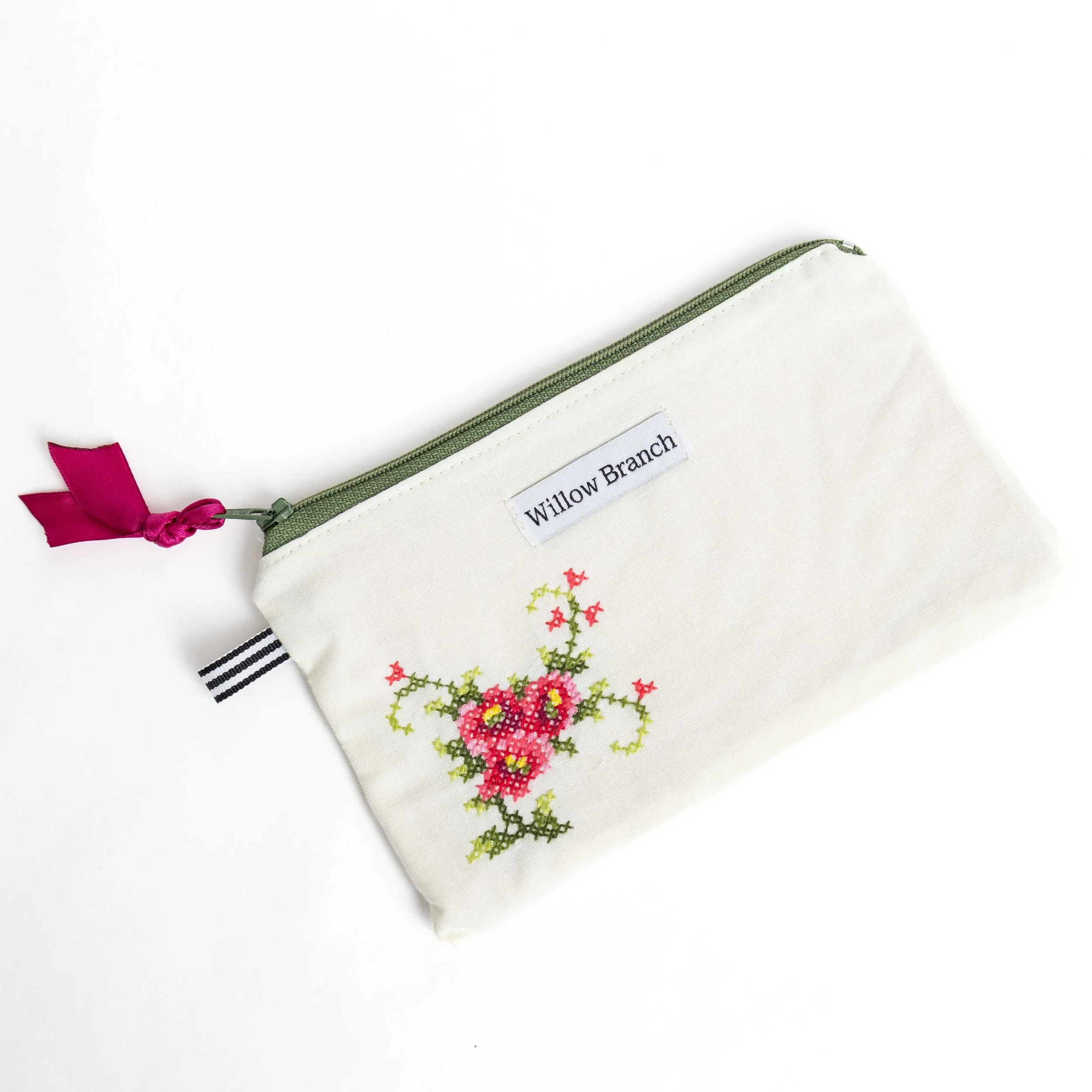 Cream with Three Pink Rose Embroidery Flat Pouch