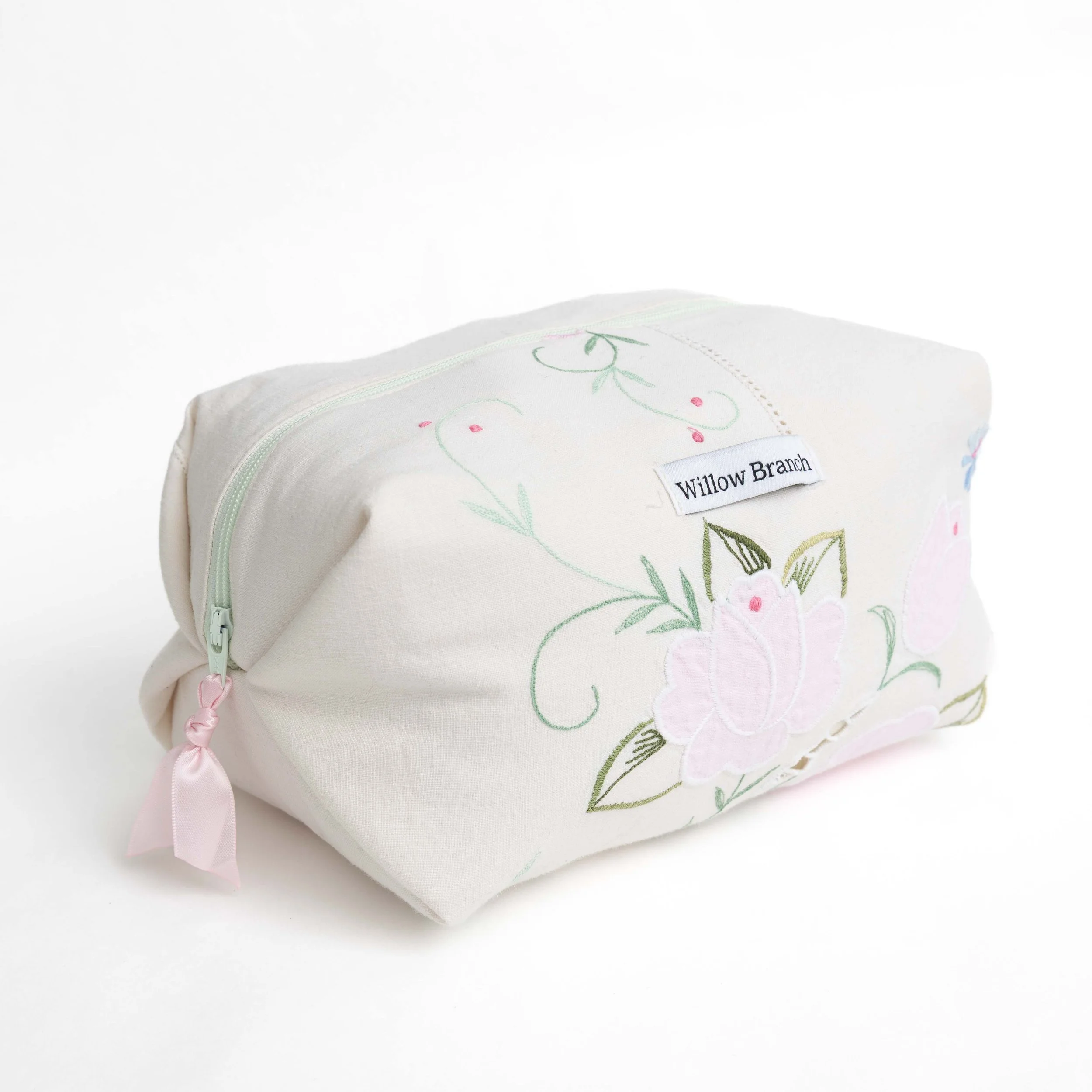 Embroidery and appliqué Pink Rose Center Boxy Makeup Bag