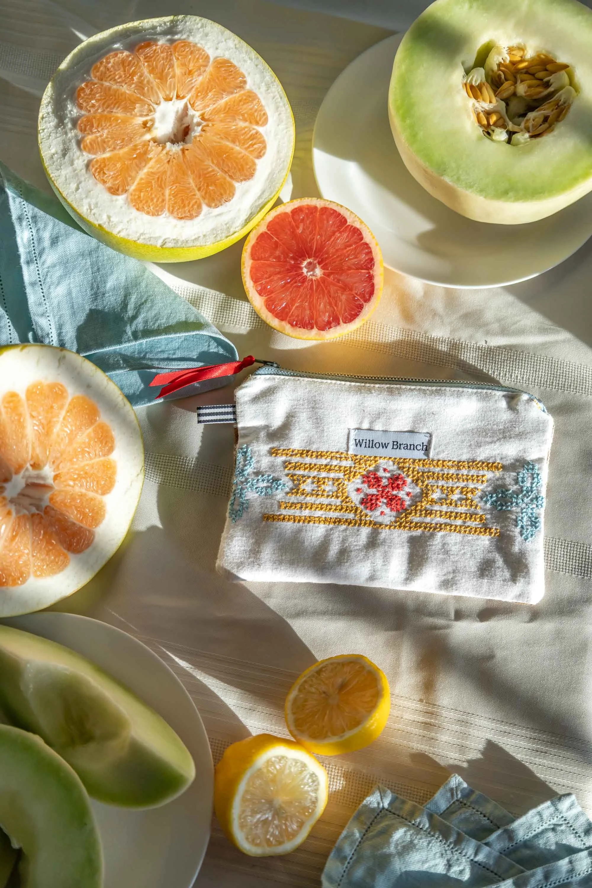 Vintage Hand Embroided Flat Pouch Red, Yellow Gold Blue With Brown Plaid Back