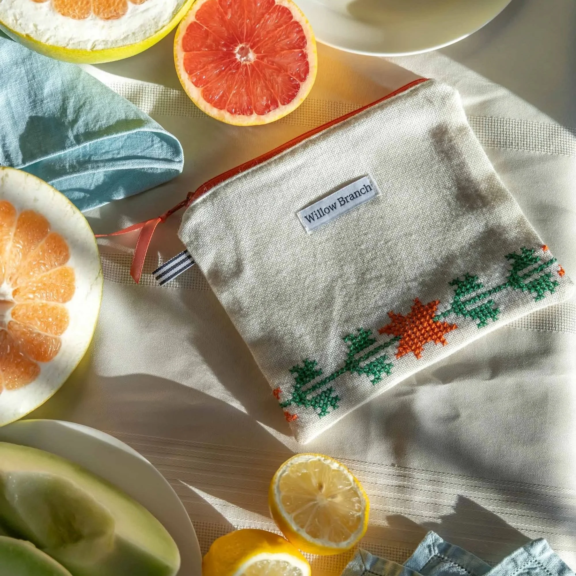 Orange and Green Embroidered Flat Pouch With Orange Zipper