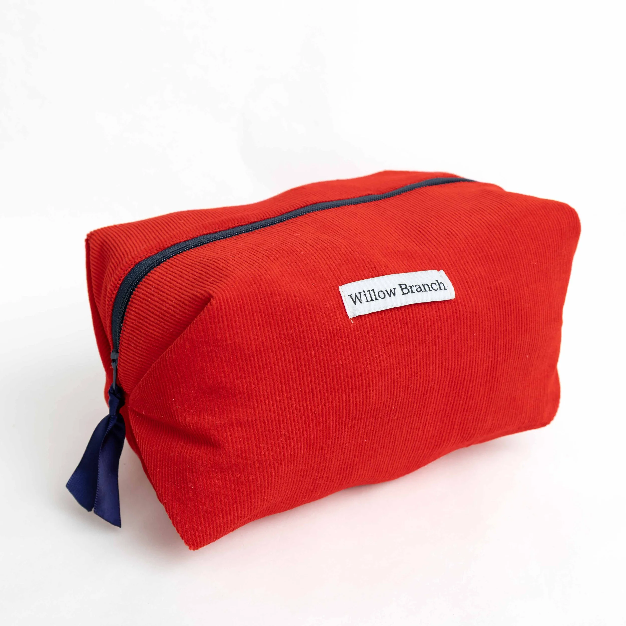 Red Corduroy Boxy Makeup Bag with Navy Blue Zipper