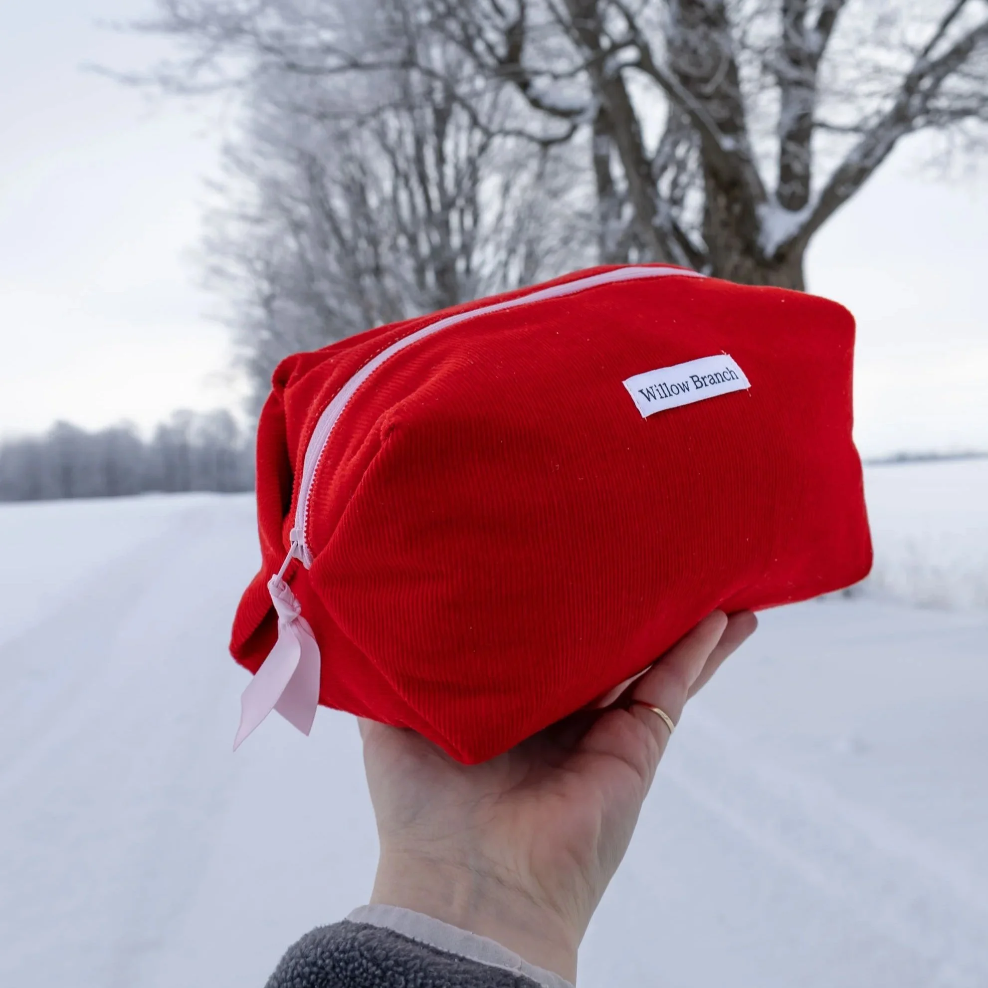Red Corduroy with Light Pink Zipper Boxy Makeup Bag
