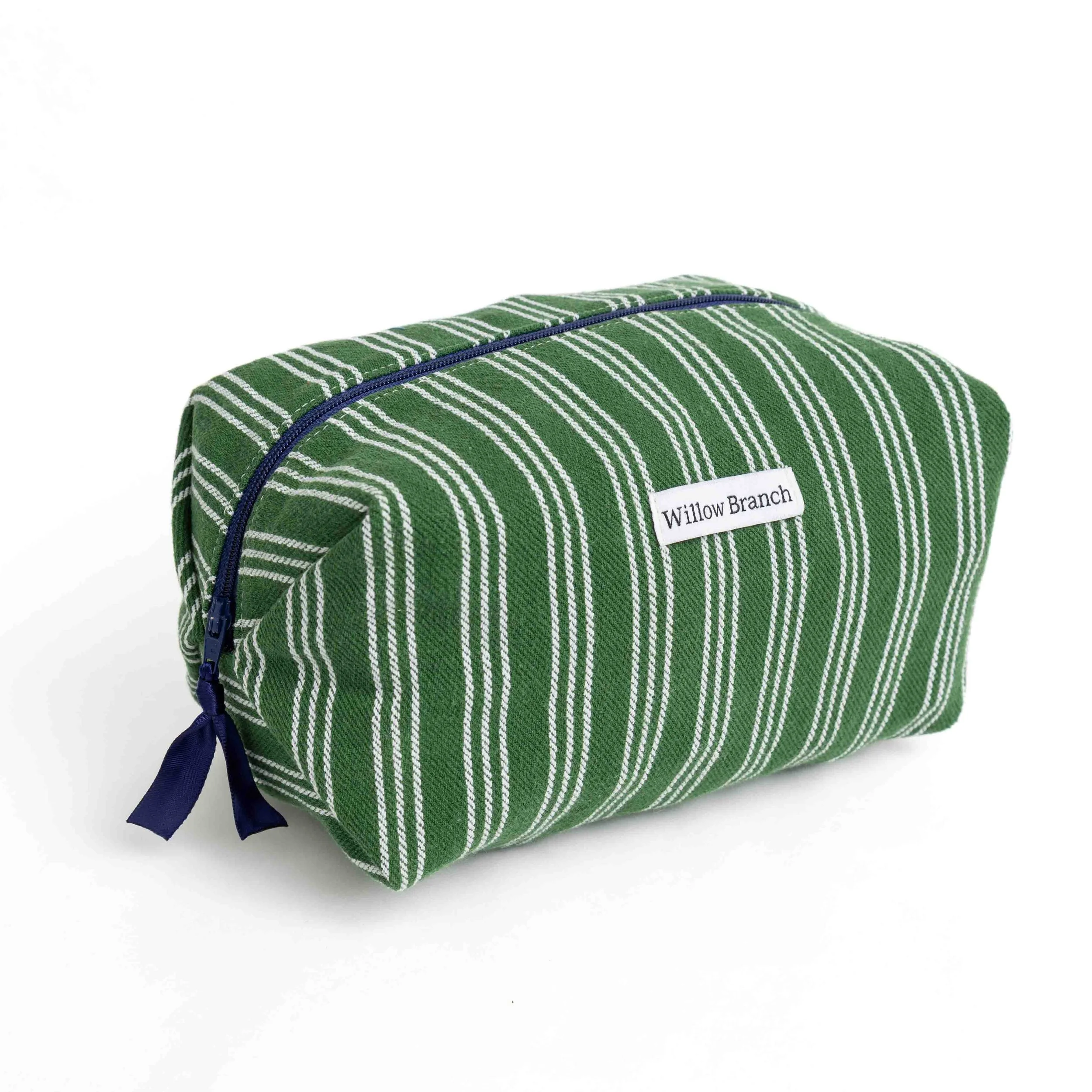 Green and White Stripe Boxy Makeup Bag with Navy Zipper