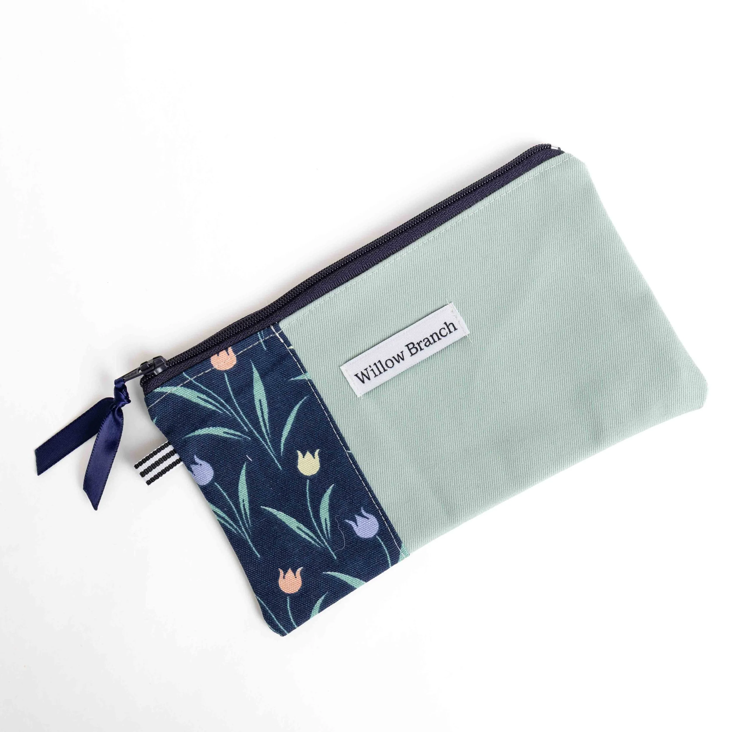 Tulip Navy with Sage Green Flat Pouch Navy Zipper