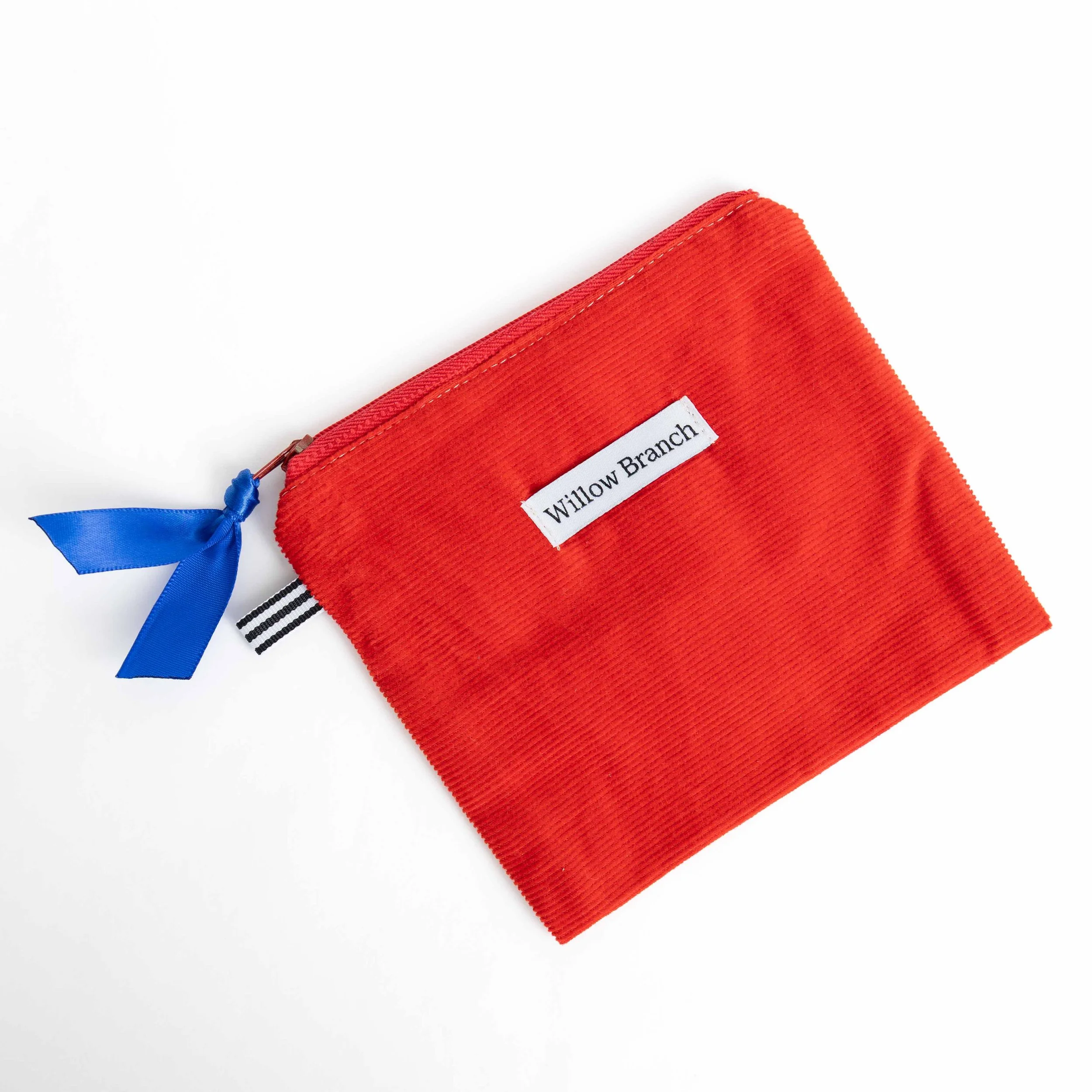 Red Corduroy Flat Pouch Red Zipper Blue Ribbon