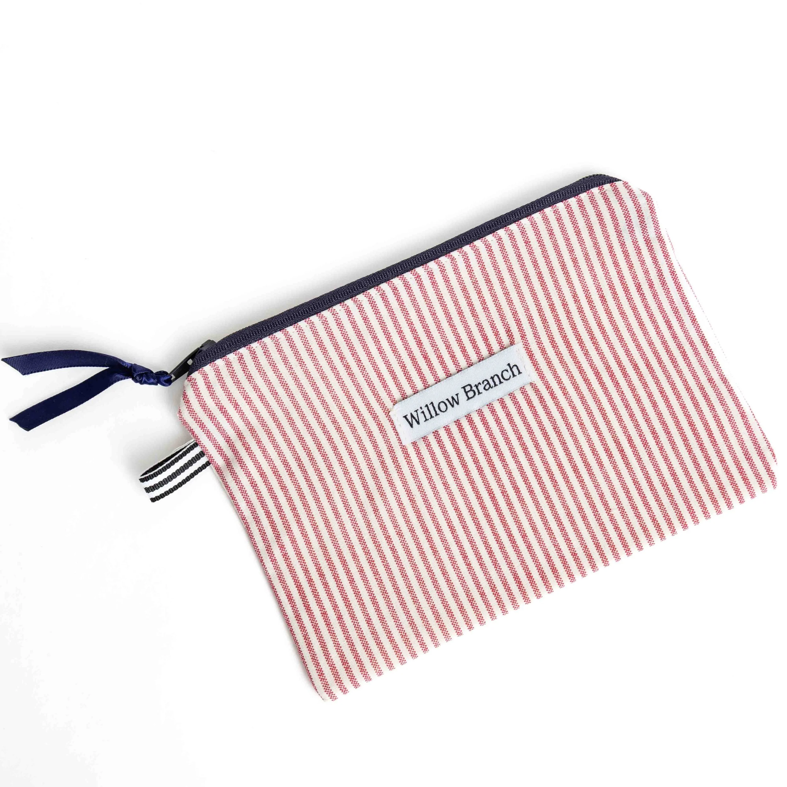 Red and White Stripe Flat Pouch Navy Zipper