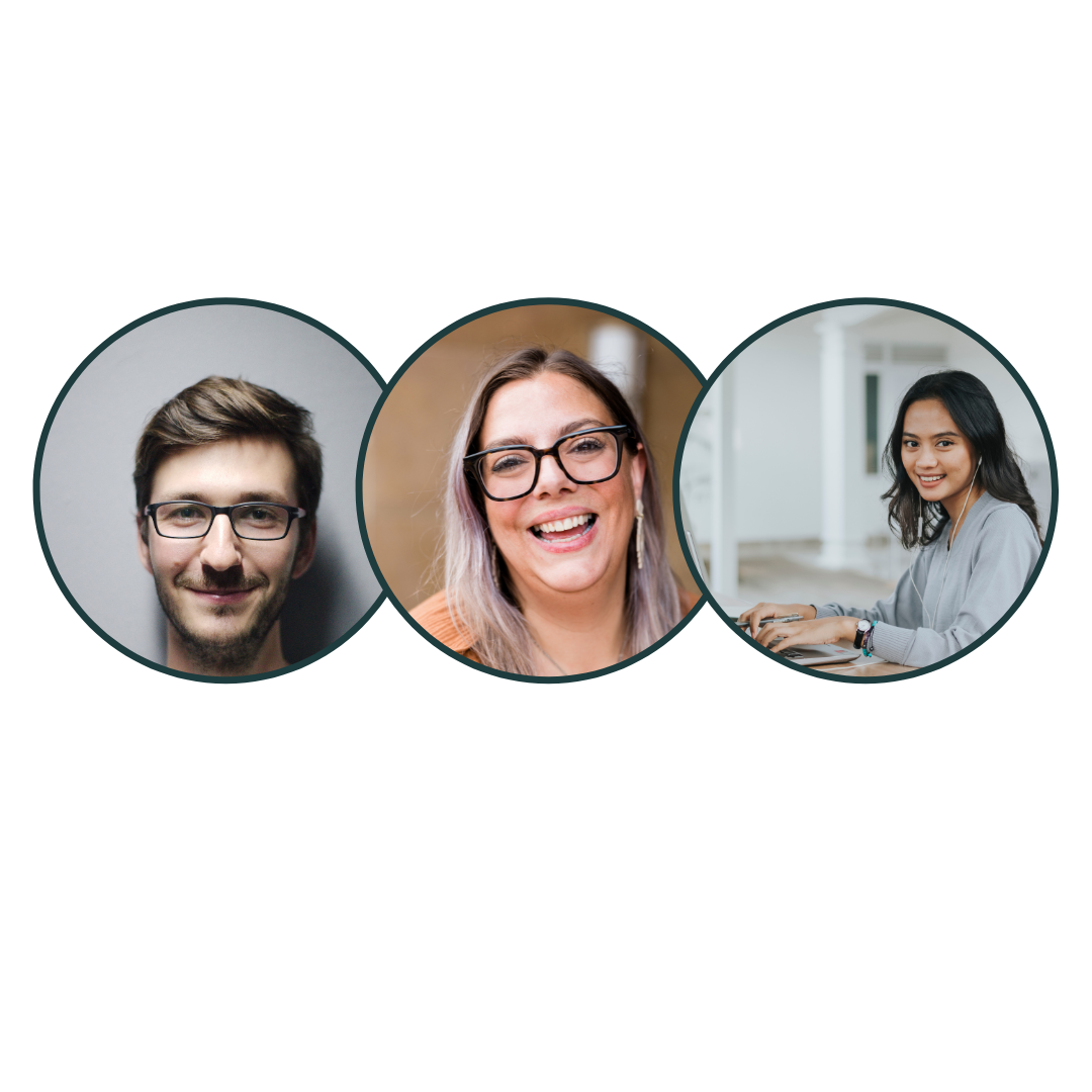 Three diverse people, one man with glasses, one woman with glasses smiling, one woman working on a laptop.