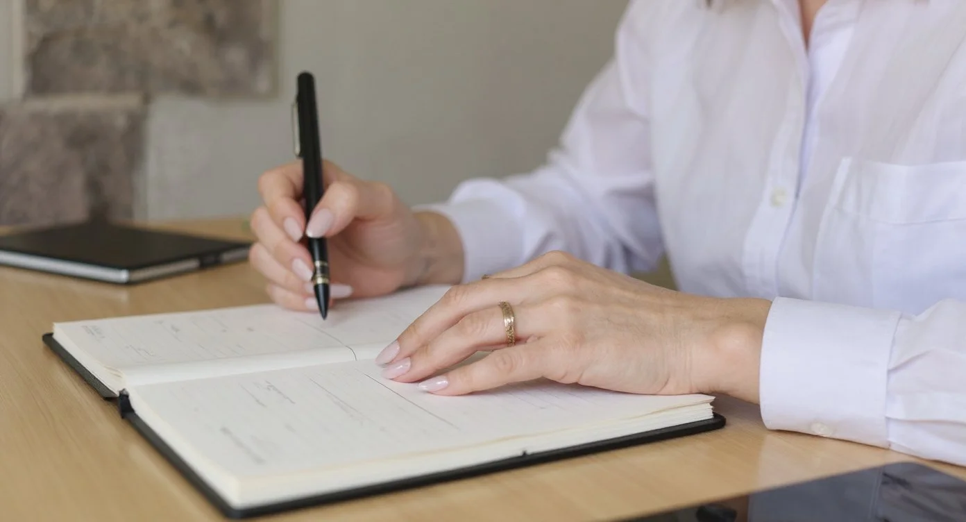 A person with a gold wedding band writing in a notebook with a black pen at a wooden desk.